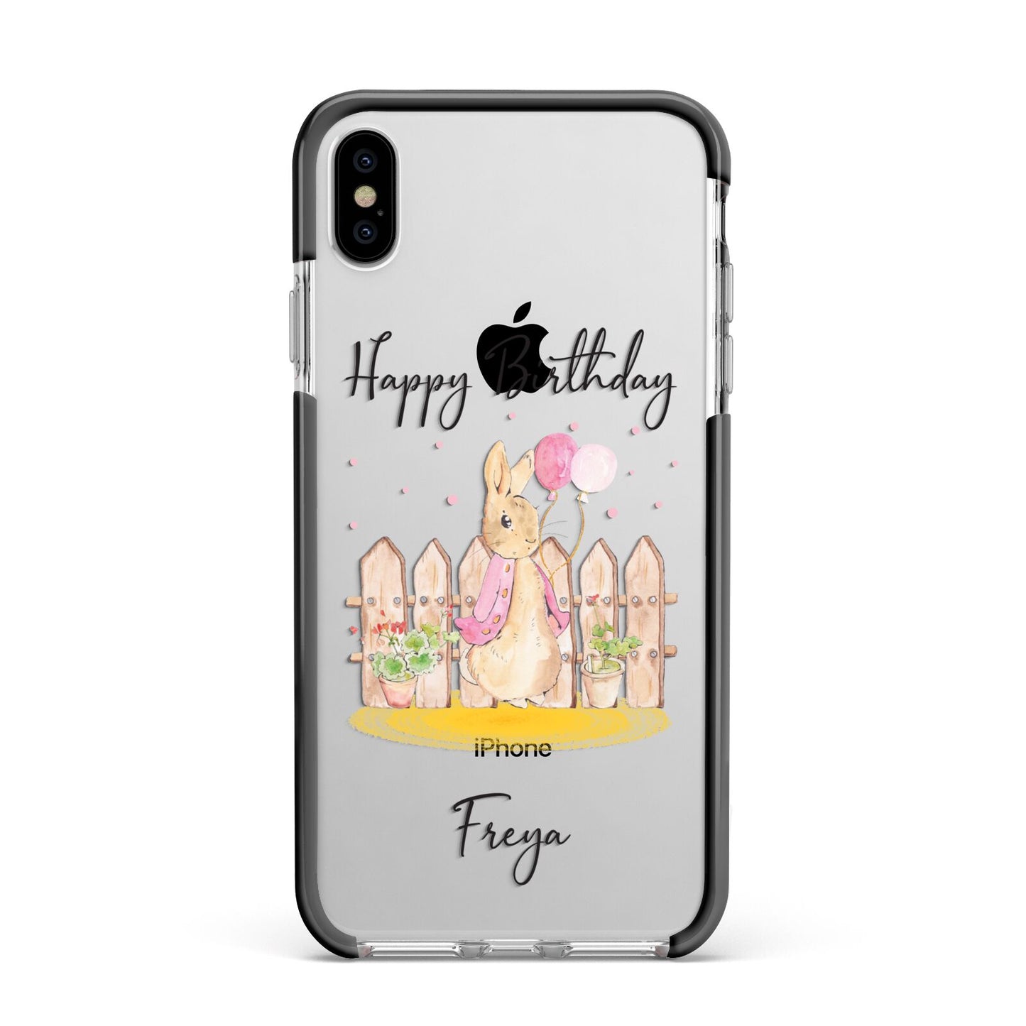 Personalised Children s Birthday Rabbit Apple iPhone Xs Max Impact Case Black Edge on Silver Phone