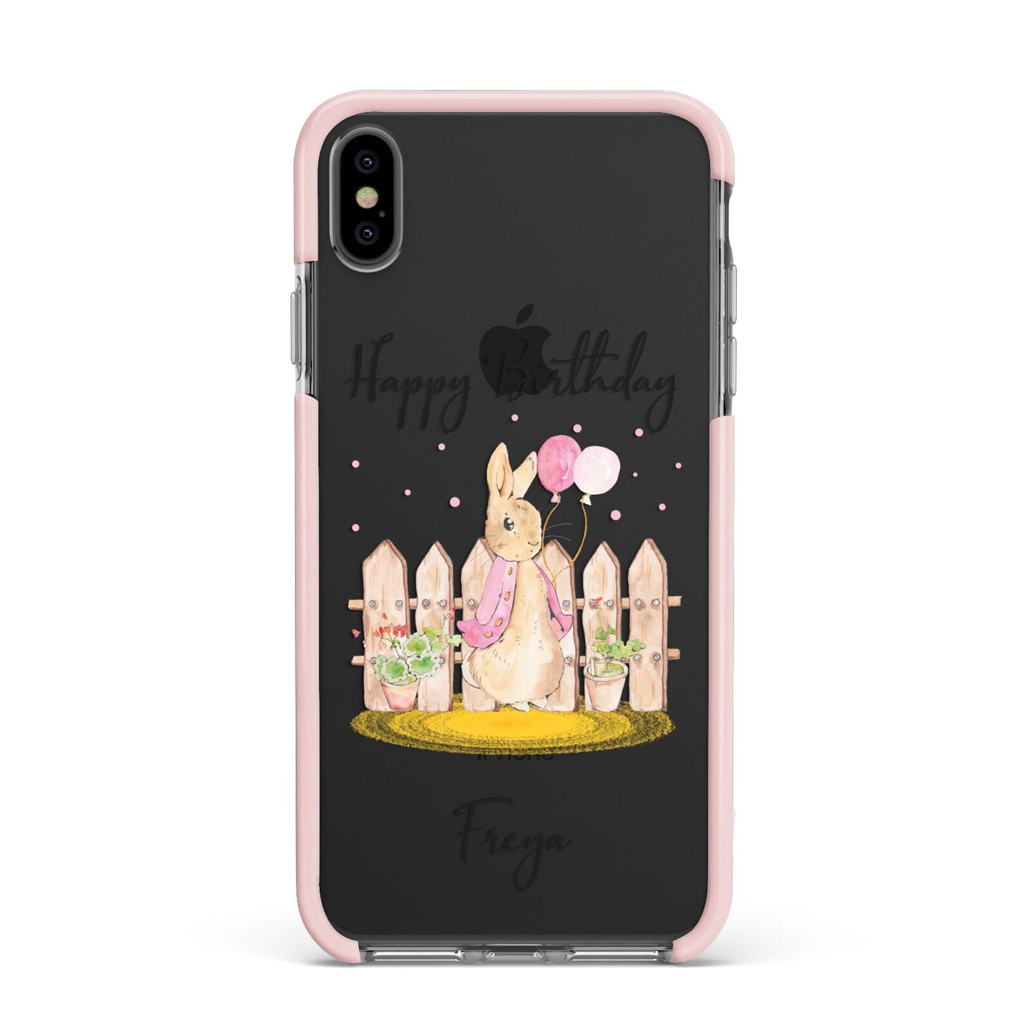 Personalised Children s Birthday Rabbit Apple iPhone Xs Max Impact Case Pink Edge on Black Phone