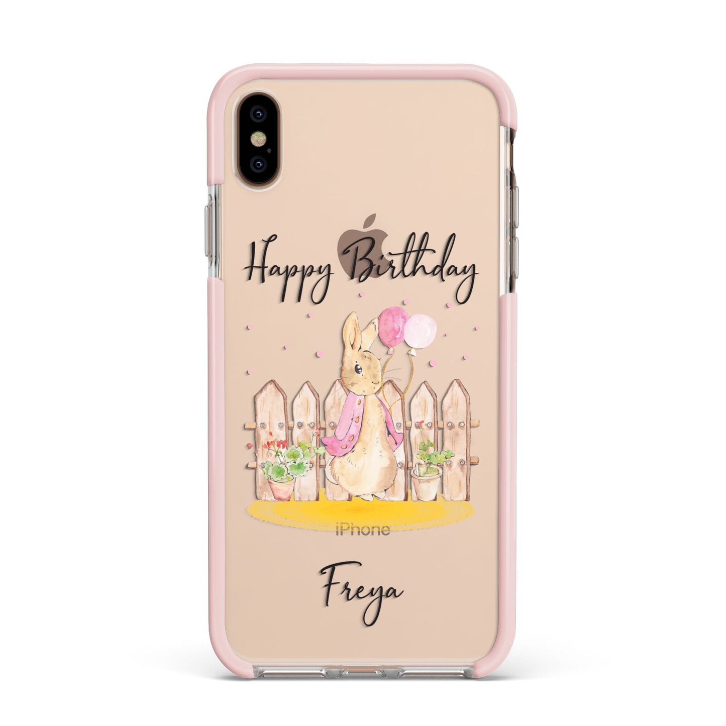 Personalised Children s Birthday Rabbit Apple iPhone Xs Max Impact Case Pink Edge on Gold Phone