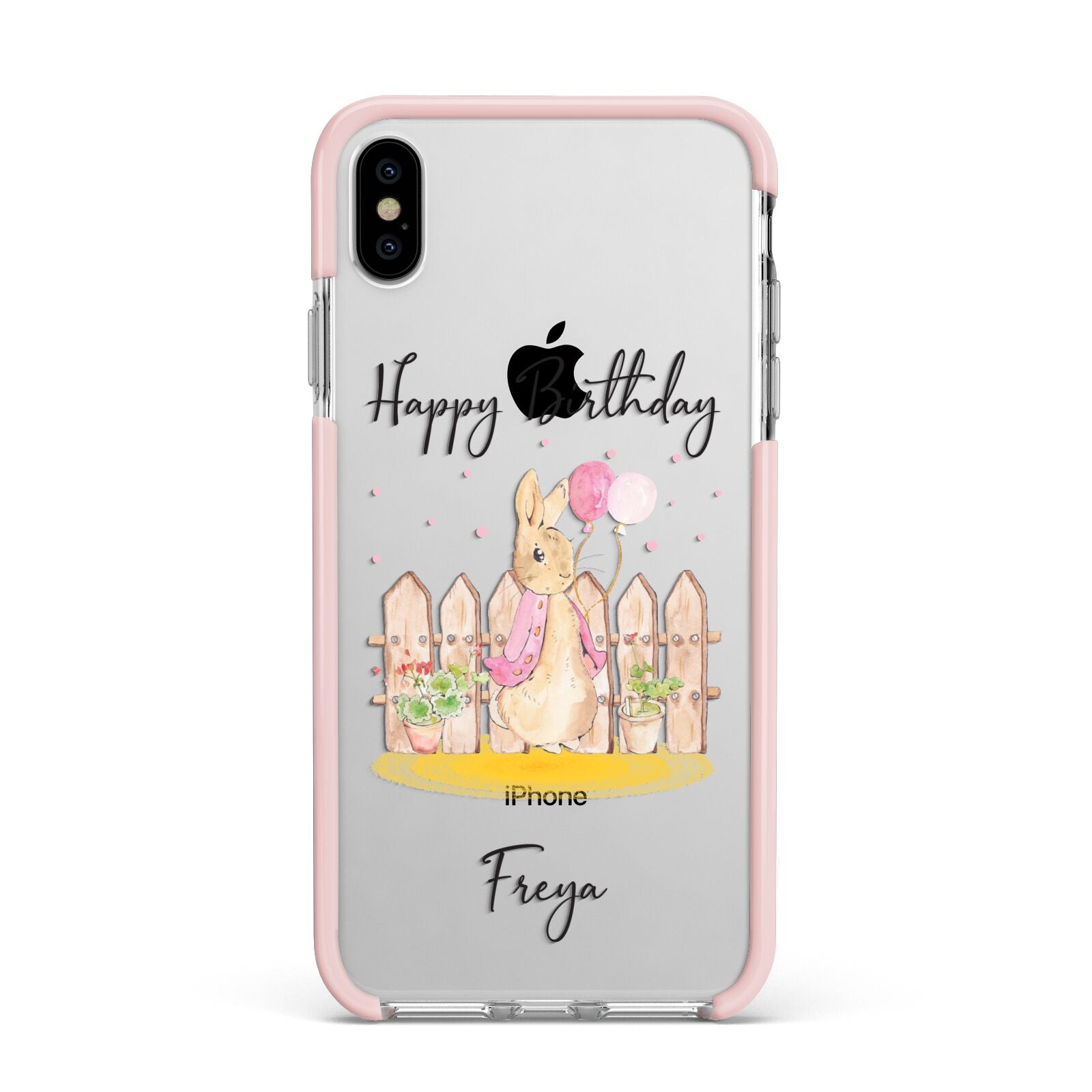 Personalised Children s Birthday Rabbit Apple iPhone Xs Max Impact Case Pink Edge on Silver Phone