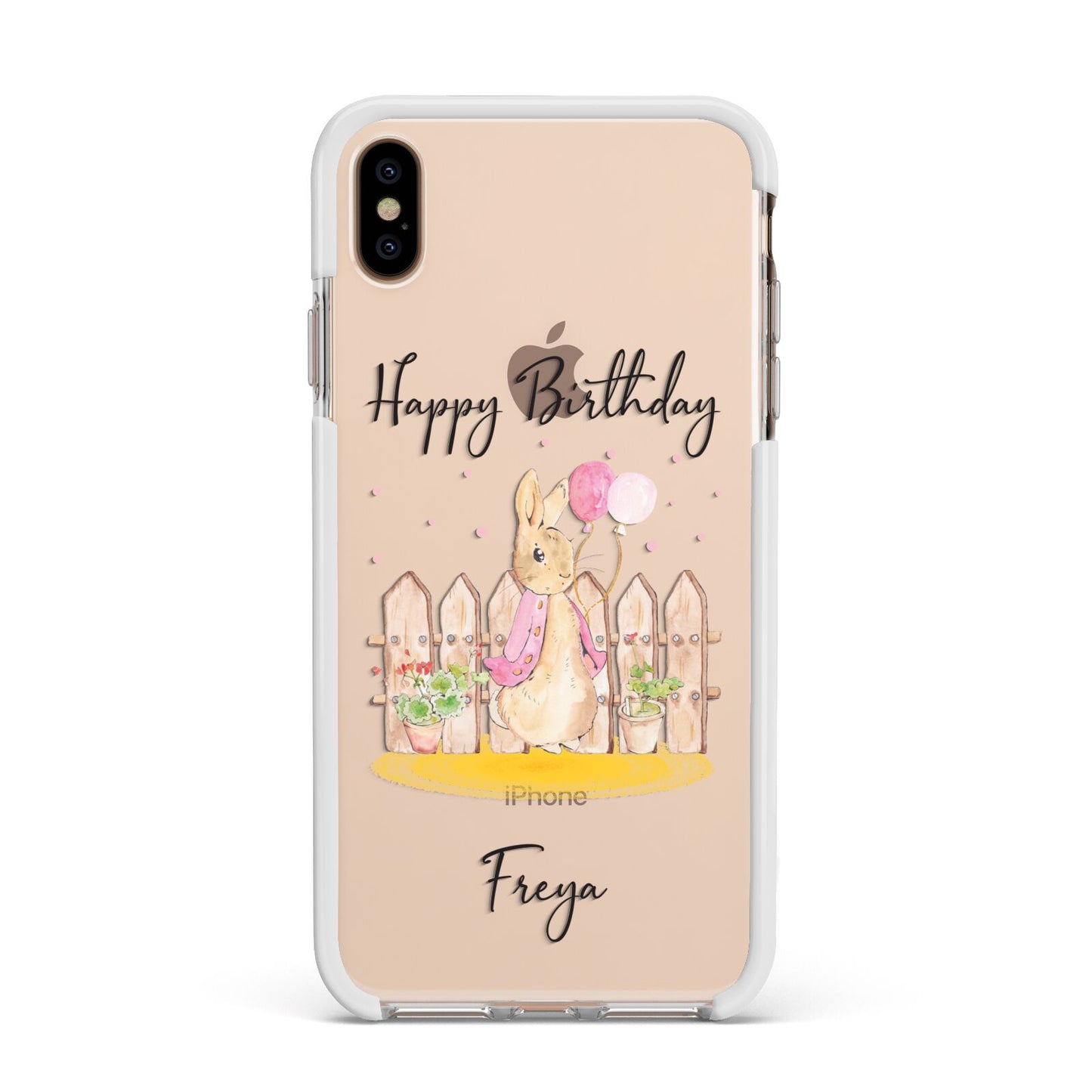 Personalised Children s Birthday Rabbit Apple iPhone Xs Max Impact Case White Edge on Gold Phone