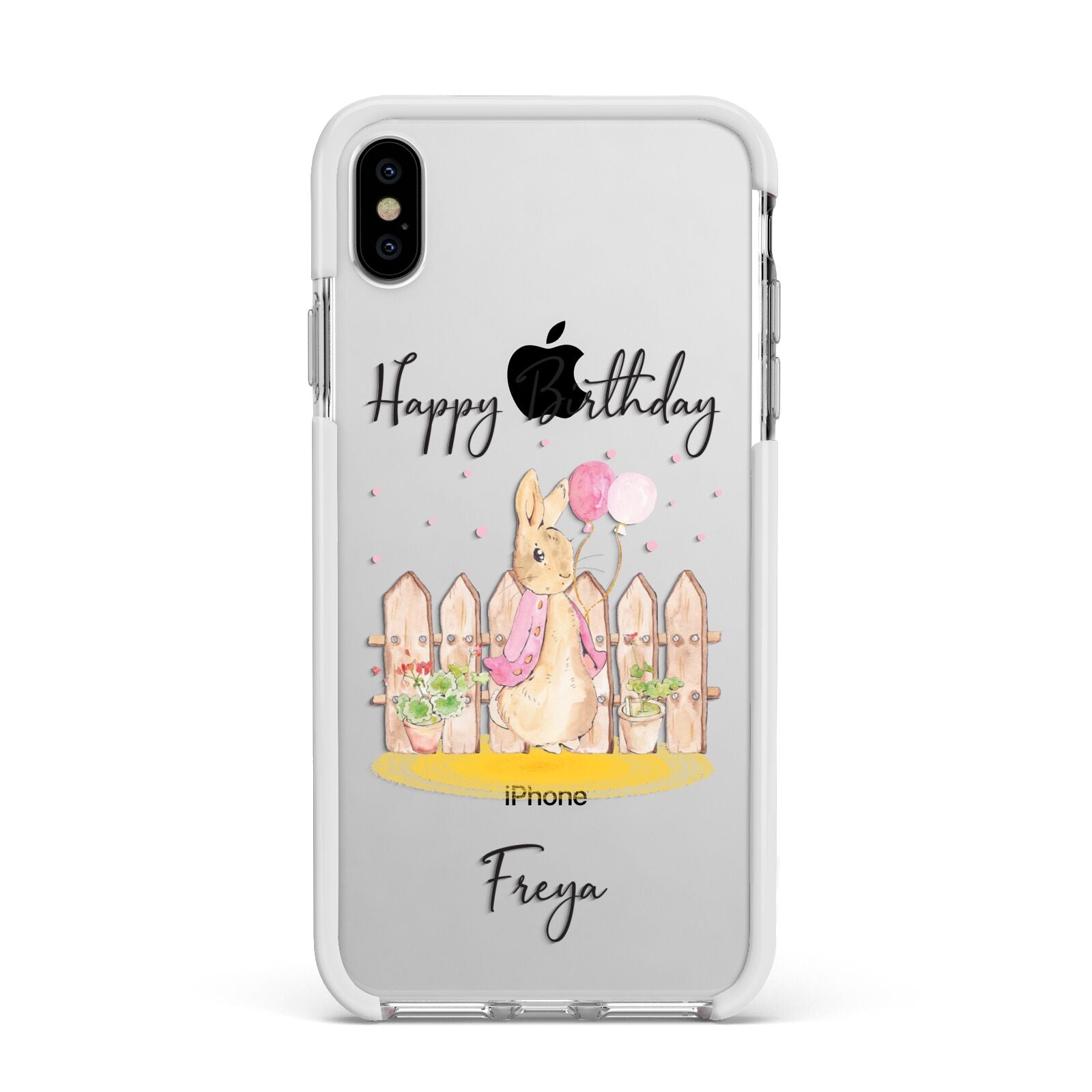 Personalised Children s Birthday Rabbit Apple iPhone Xs Max Impact Case White Edge on Silver Phone