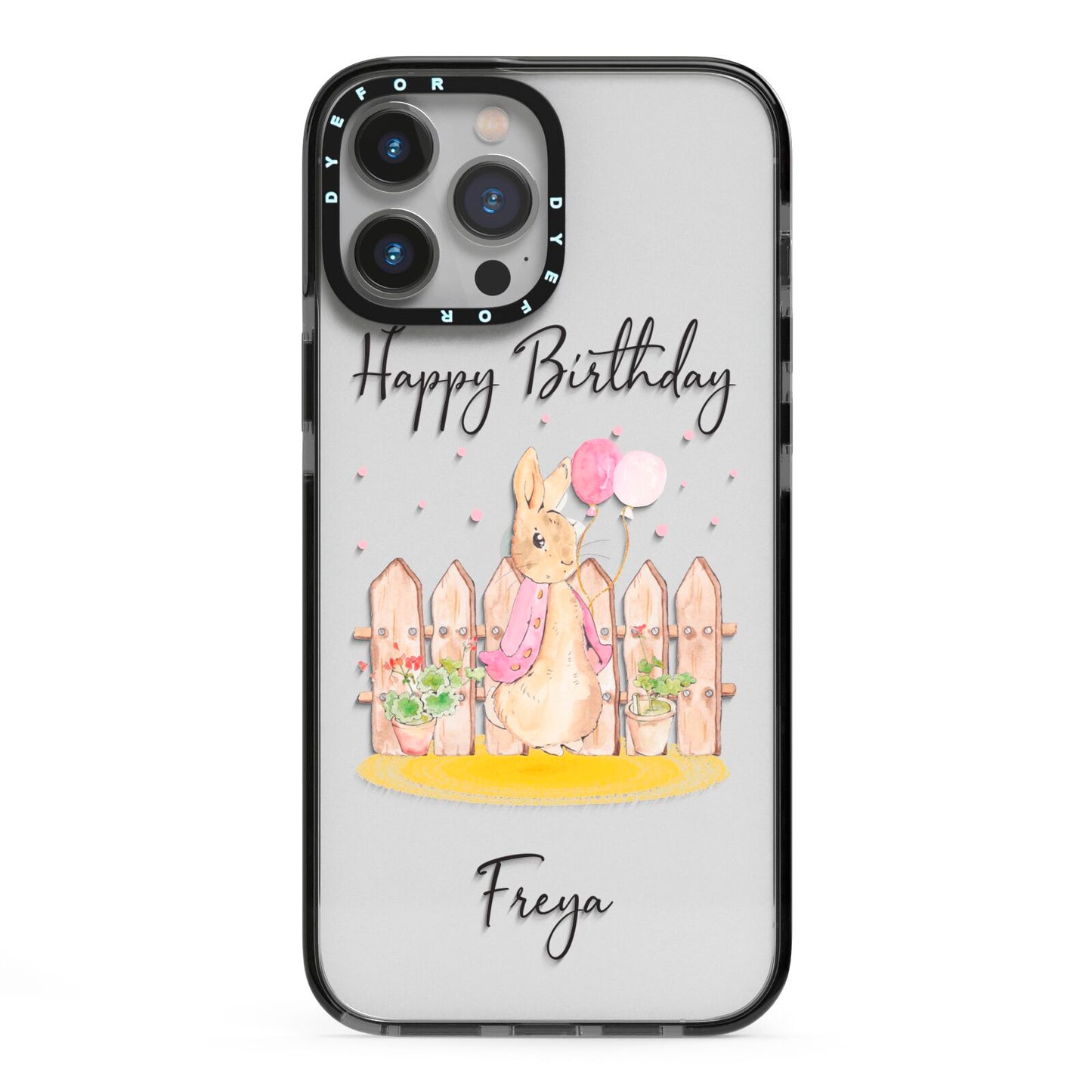 Personalised Children s Birthday Rabbit iPhone 13 Pro Max Black Impact Case on Silver phone