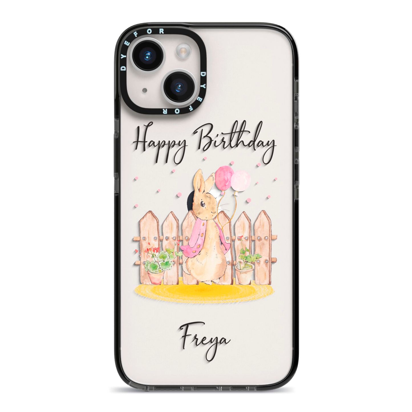 Personalised Children s Birthday Rabbit iPhone 14 Black Impact Case on Silver phone