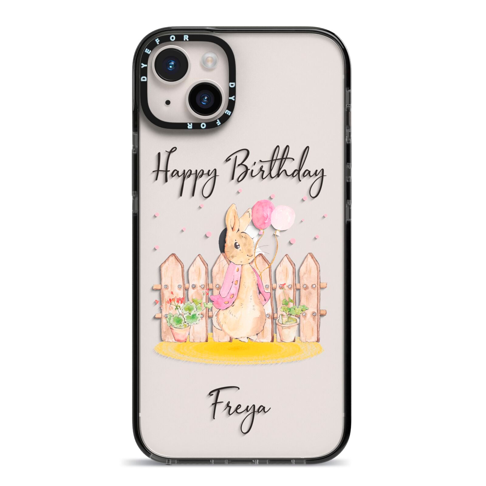 Personalised Children s Birthday Rabbit iPhone 14 Plus Black Impact Case on Silver phone