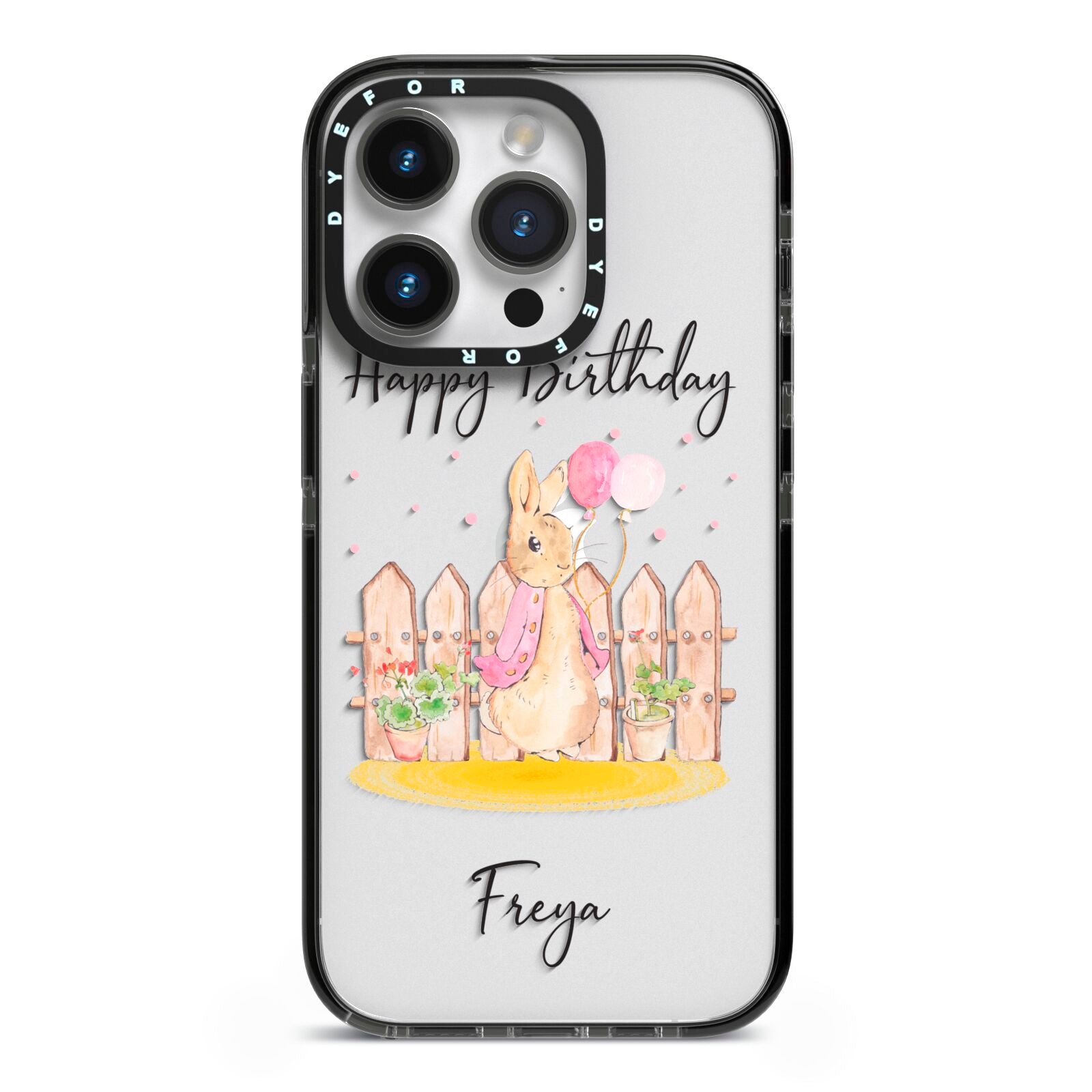 Personalised Children s Birthday Rabbit iPhone 14 Pro Black Impact Case on Silver phone