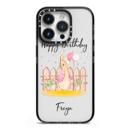 Personalised Children s Birthday Rabbit iPhone 14 Pro Black Impact Case on Silver phone
