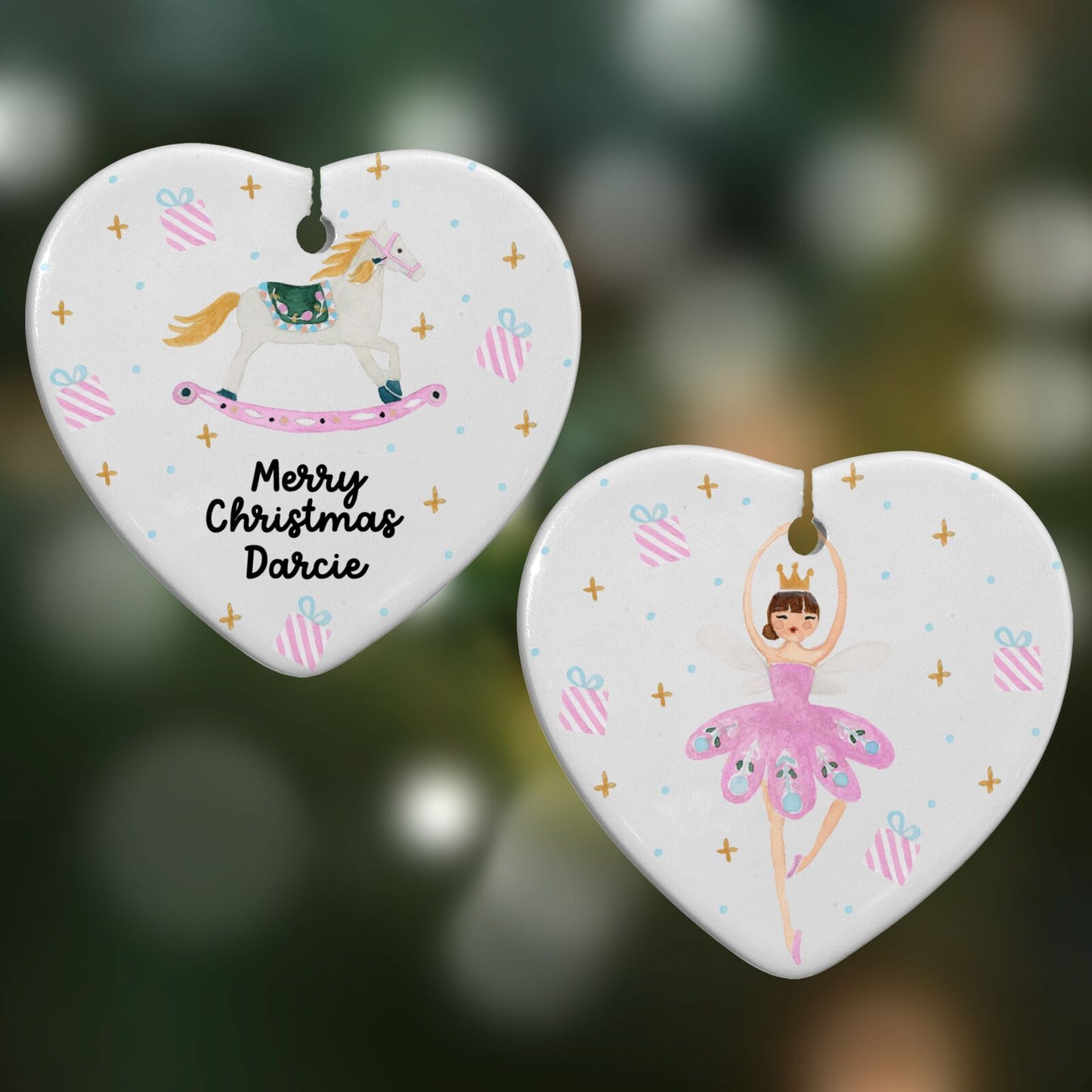 Personalised Christmas Ballerina Heart Decoration on Christmas Background