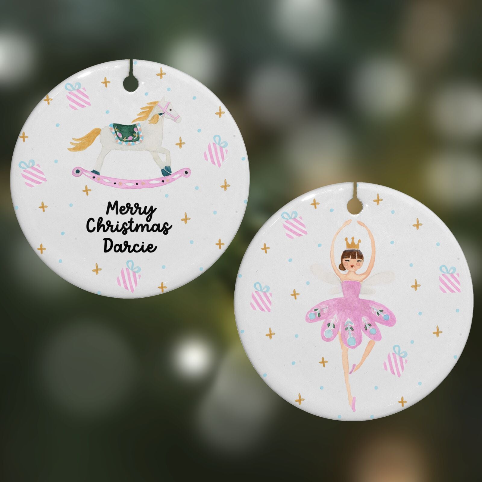 Personalised Christmas Ballerina Round Decoration on Christmas Background