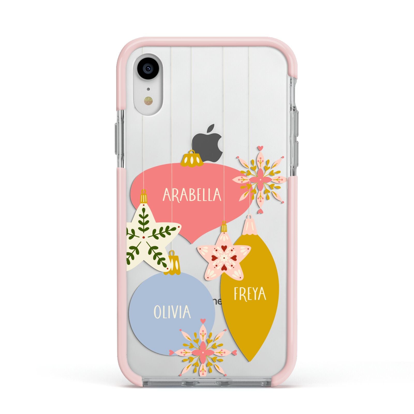 Personalised Christmas Bauble Apple iPhone XR Impact Case Pink Edge on Silver Phone