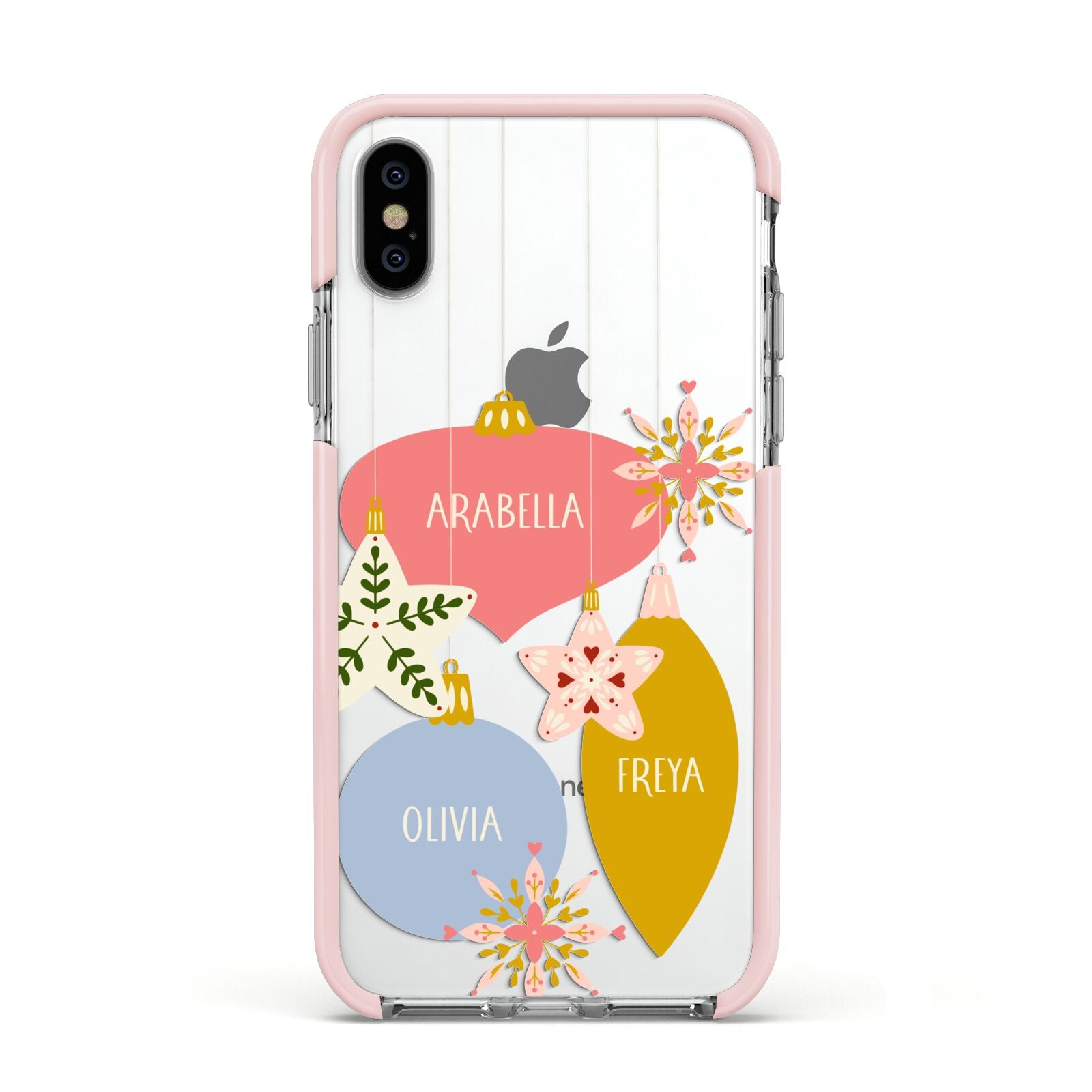 Personalised Christmas Bauble Apple iPhone Xs Impact Case Pink Edge on Silver Phone