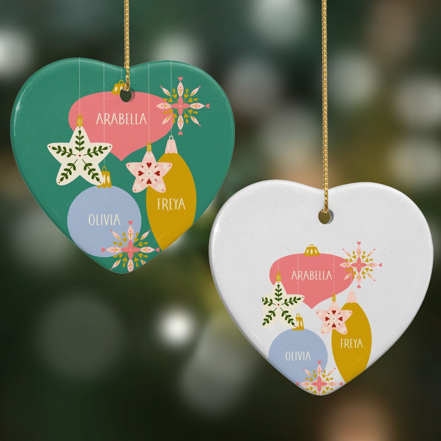 Personalised Christmas Bauble Heart Decoration on Christmas Background