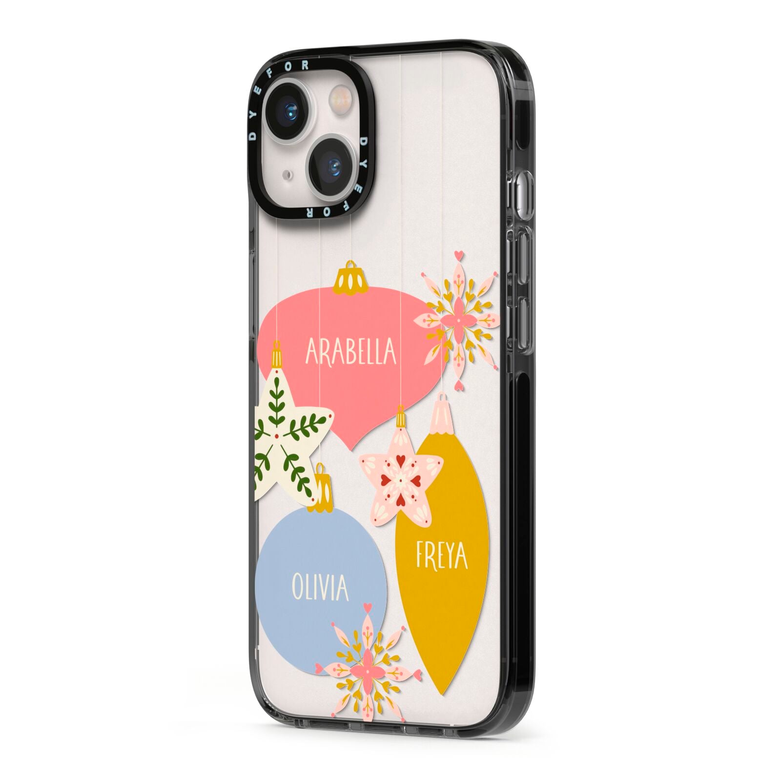 Personalised Christmas Bauble iPhone 13 Black Impact Case Side Angle on Silver phone