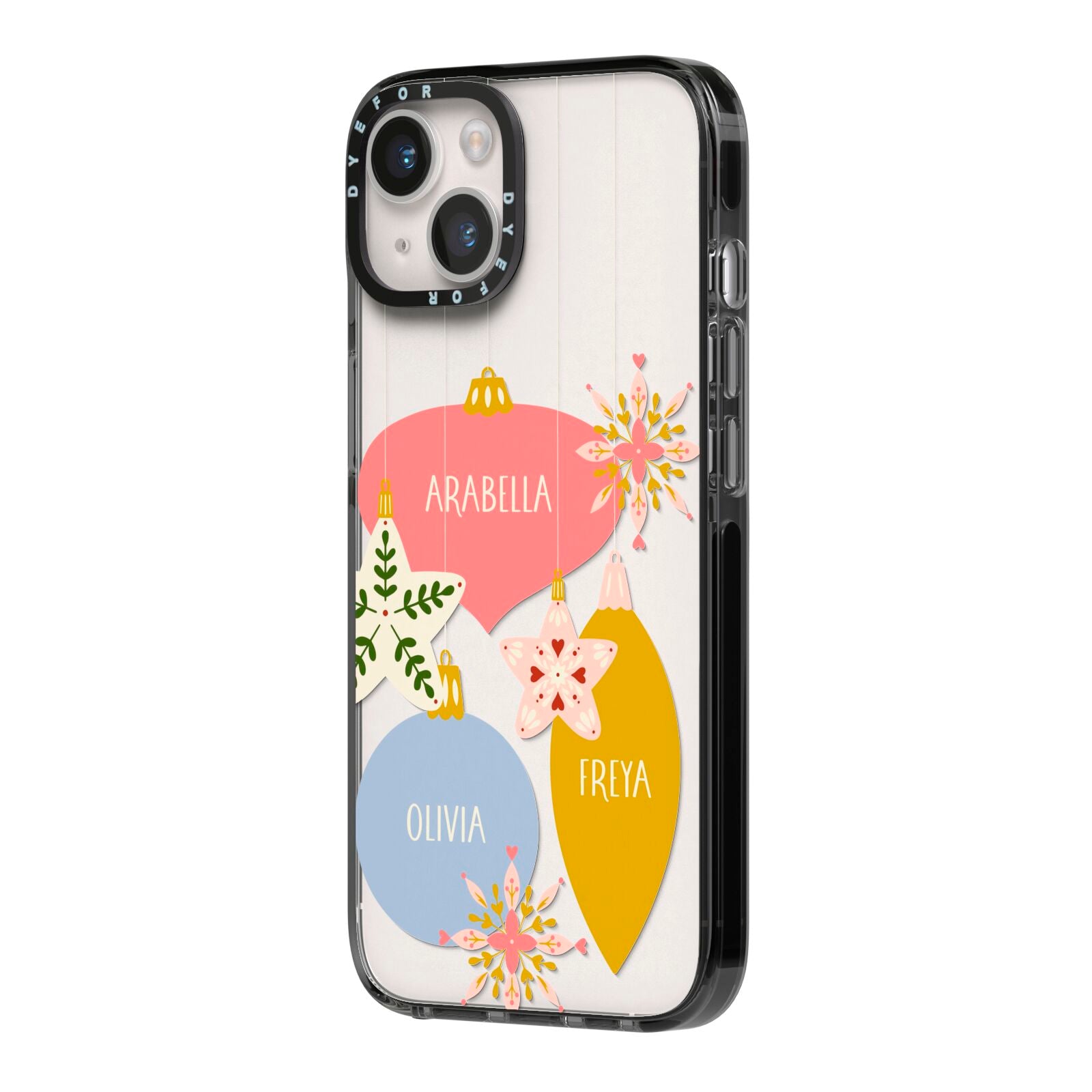 Personalised Christmas Bauble iPhone 14 Black Impact Case Side Angle on Silver phone