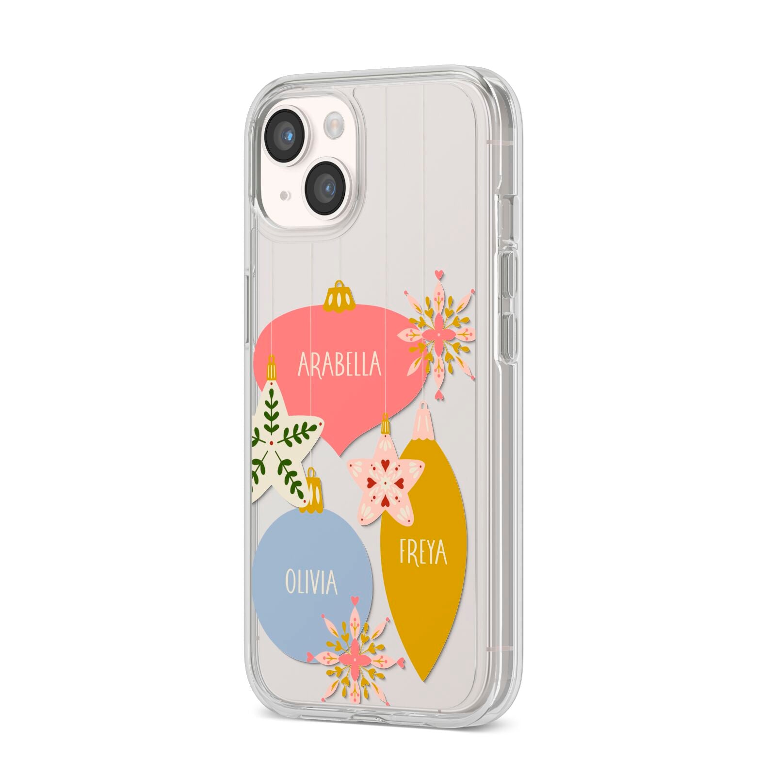 Personalised Christmas Bauble iPhone 14 Clear Tough Case Starlight Angled Image