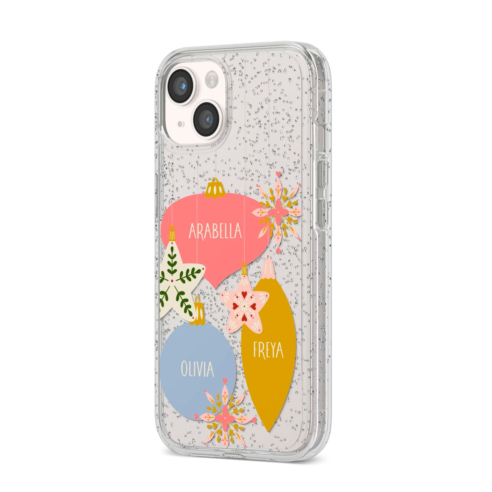 Personalised Christmas Bauble iPhone 14 Glitter Tough Case Starlight Angled Image