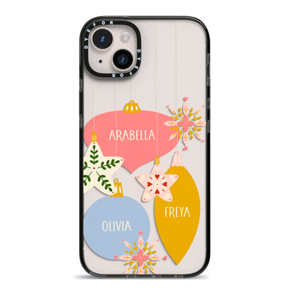 Personalised Christmas Bauble iPhone 14 Plus Black Impact Case on Silver phone