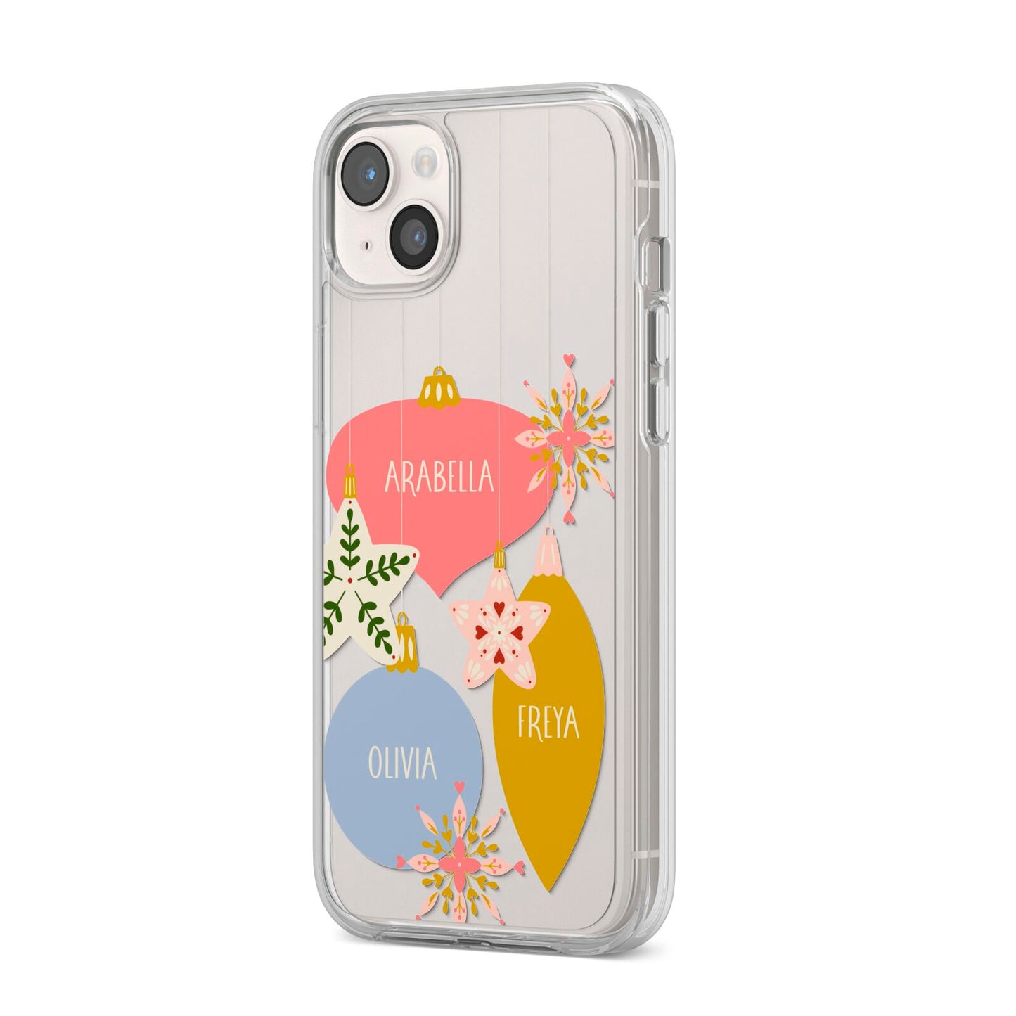Personalised Christmas Bauble iPhone 14 Plus Clear Tough Case Starlight Angled Image