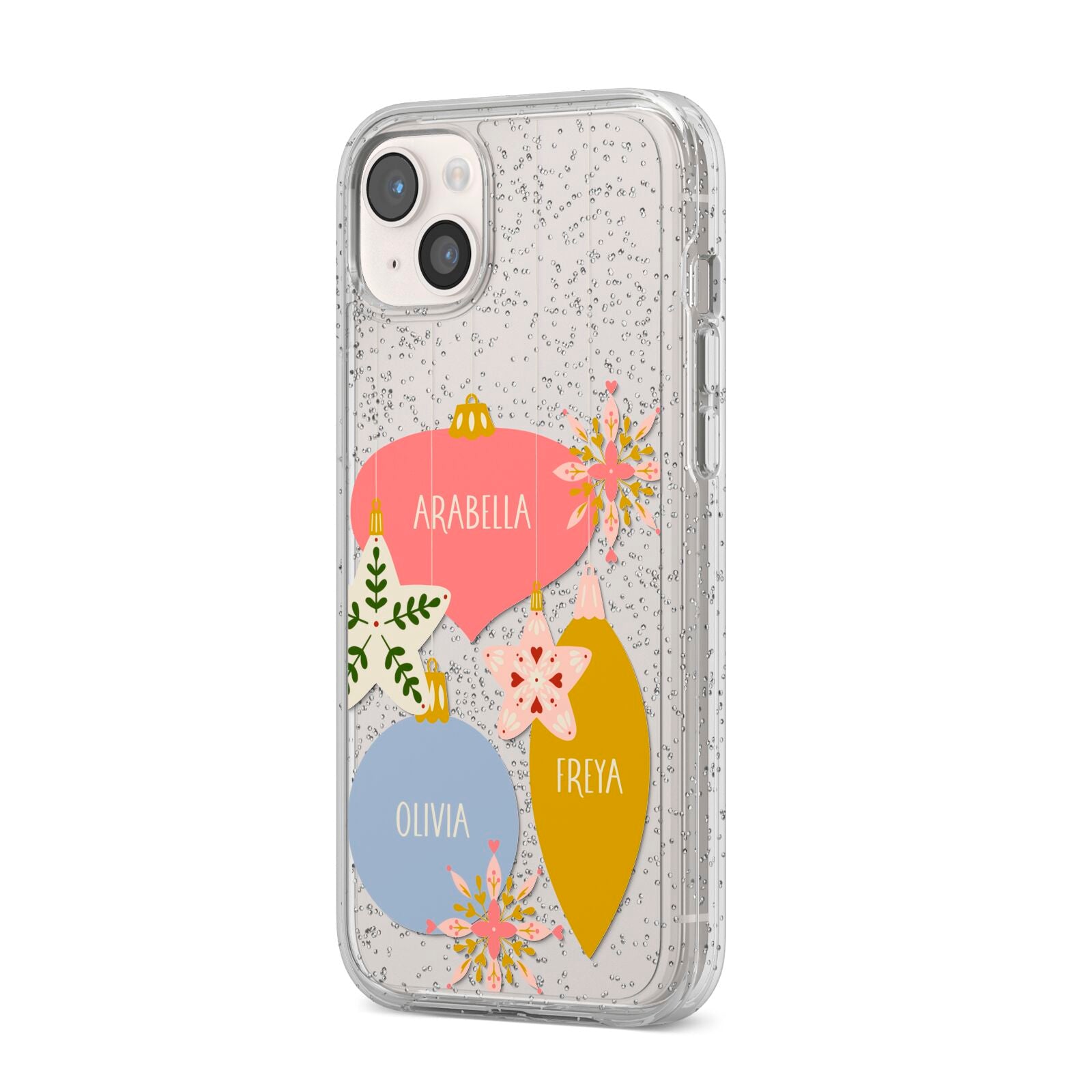 Personalised Christmas Bauble iPhone 14 Plus Glitter Tough Case Starlight Angled Image
