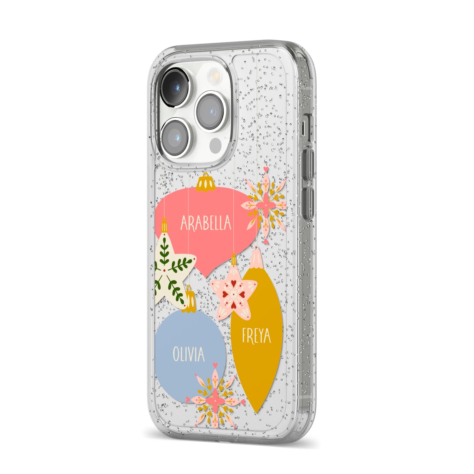 Personalised Christmas Bauble iPhone 14 Pro Glitter Tough Case Silver Angled Image