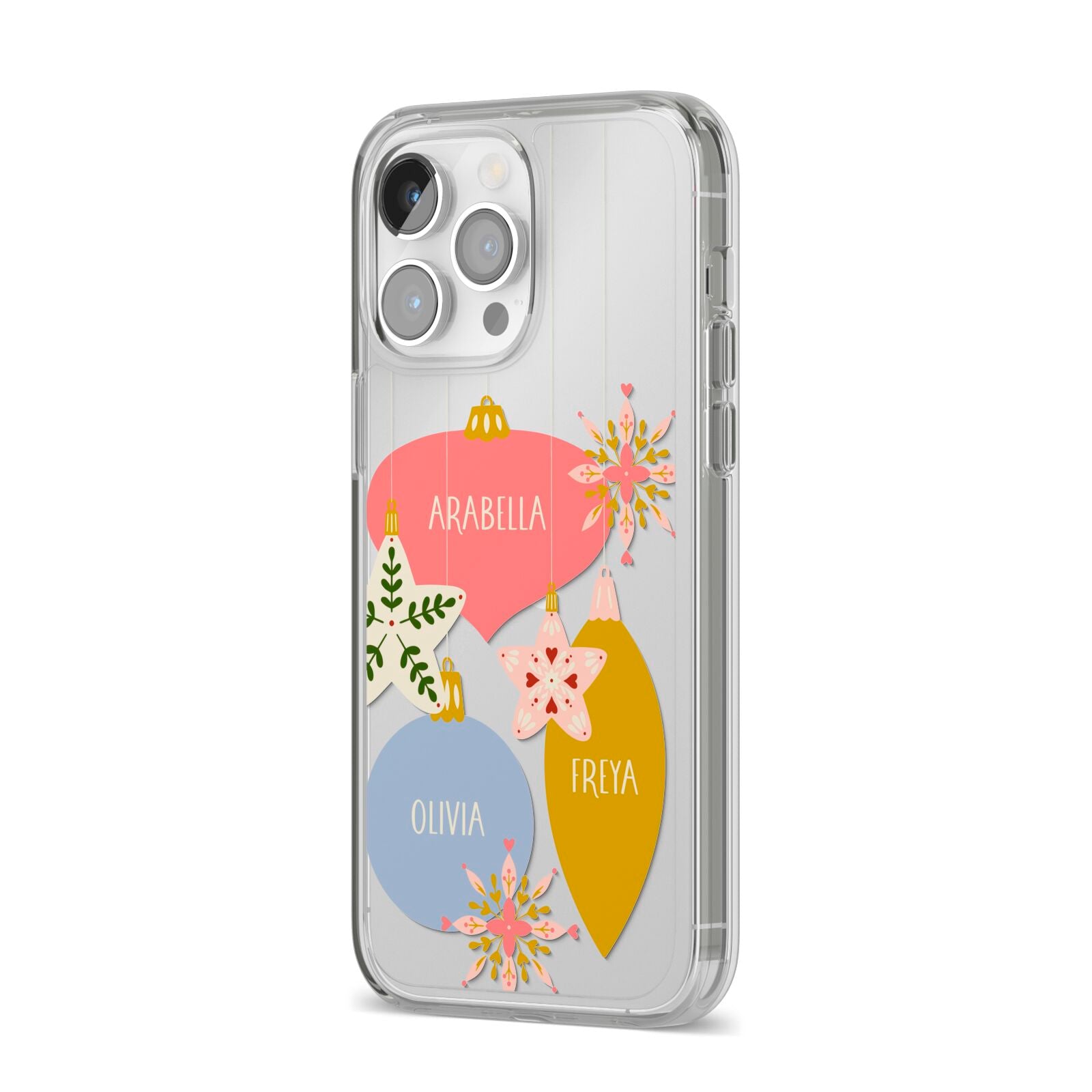 Personalised Christmas Bauble iPhone 14 Pro Max Clear Tough Case Silver Angled Image