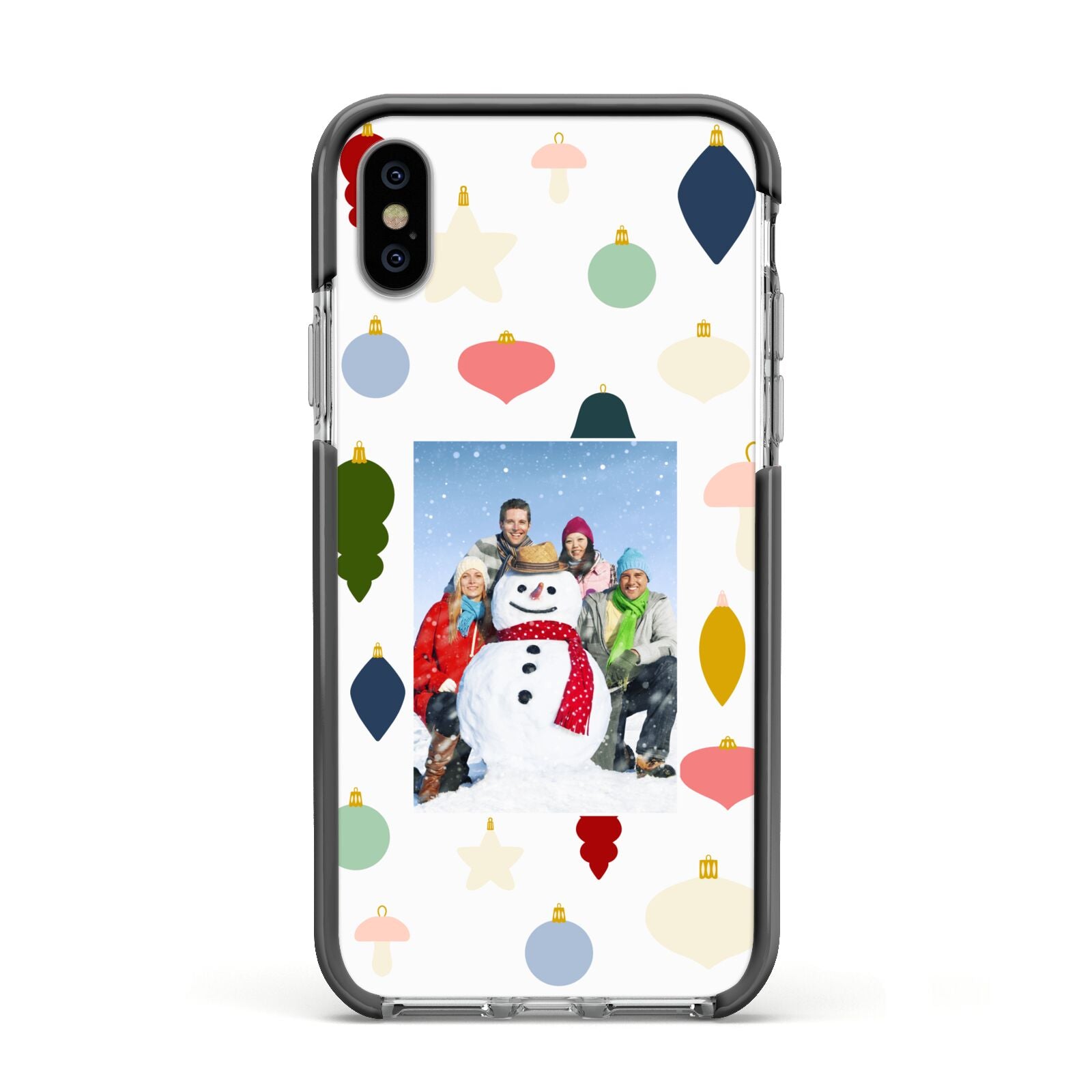 Personalised Christmas Baubles Apple iPhone Xs Impact Case Black Edge on Silver Phone