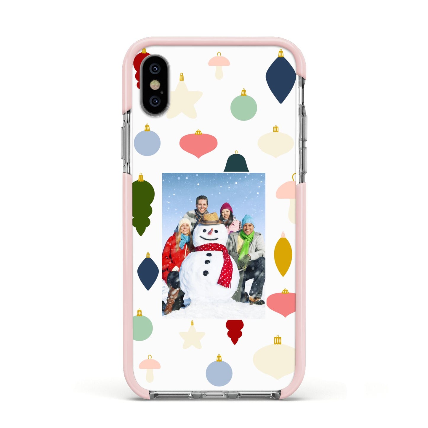 Personalised Christmas Baubles Apple iPhone Xs Impact Case Pink Edge on Silver Phone