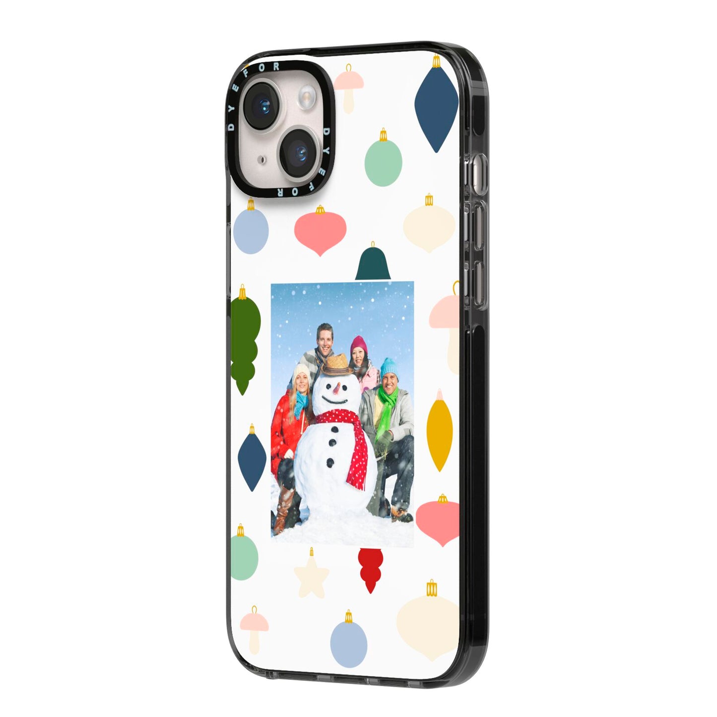 Personalised Christmas Baubles iPhone 14 Plus Black Impact Case Side Angle on Silver phone