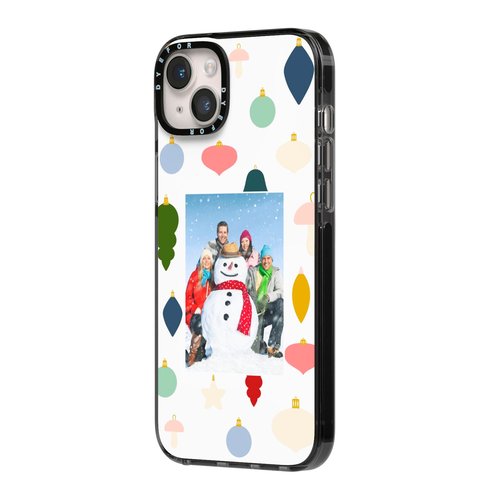 Personalised Christmas Baubles iPhone 14 Plus Black Impact Case Side Angle on Silver phone