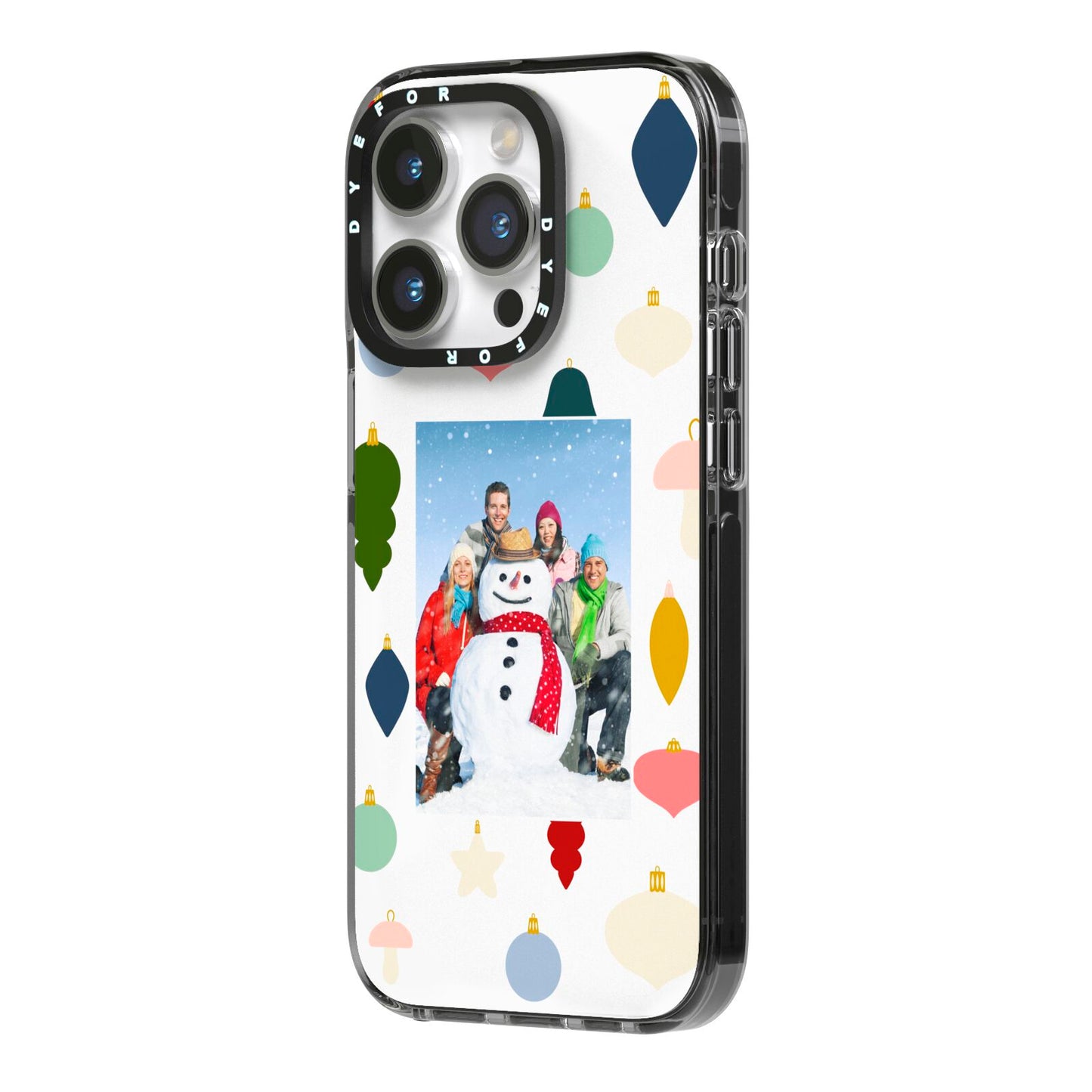 Personalised Christmas Baubles iPhone 14 Pro Black Impact Case Side Angle on Silver phone