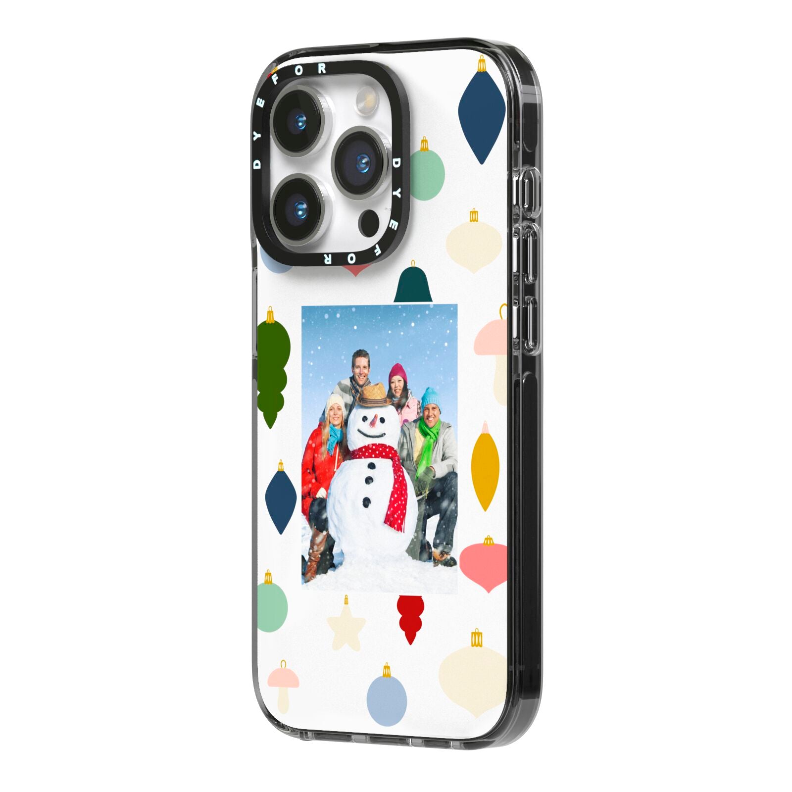 Personalised Christmas Baubles iPhone 14 Pro Black Impact Case Side Angle on Silver phone