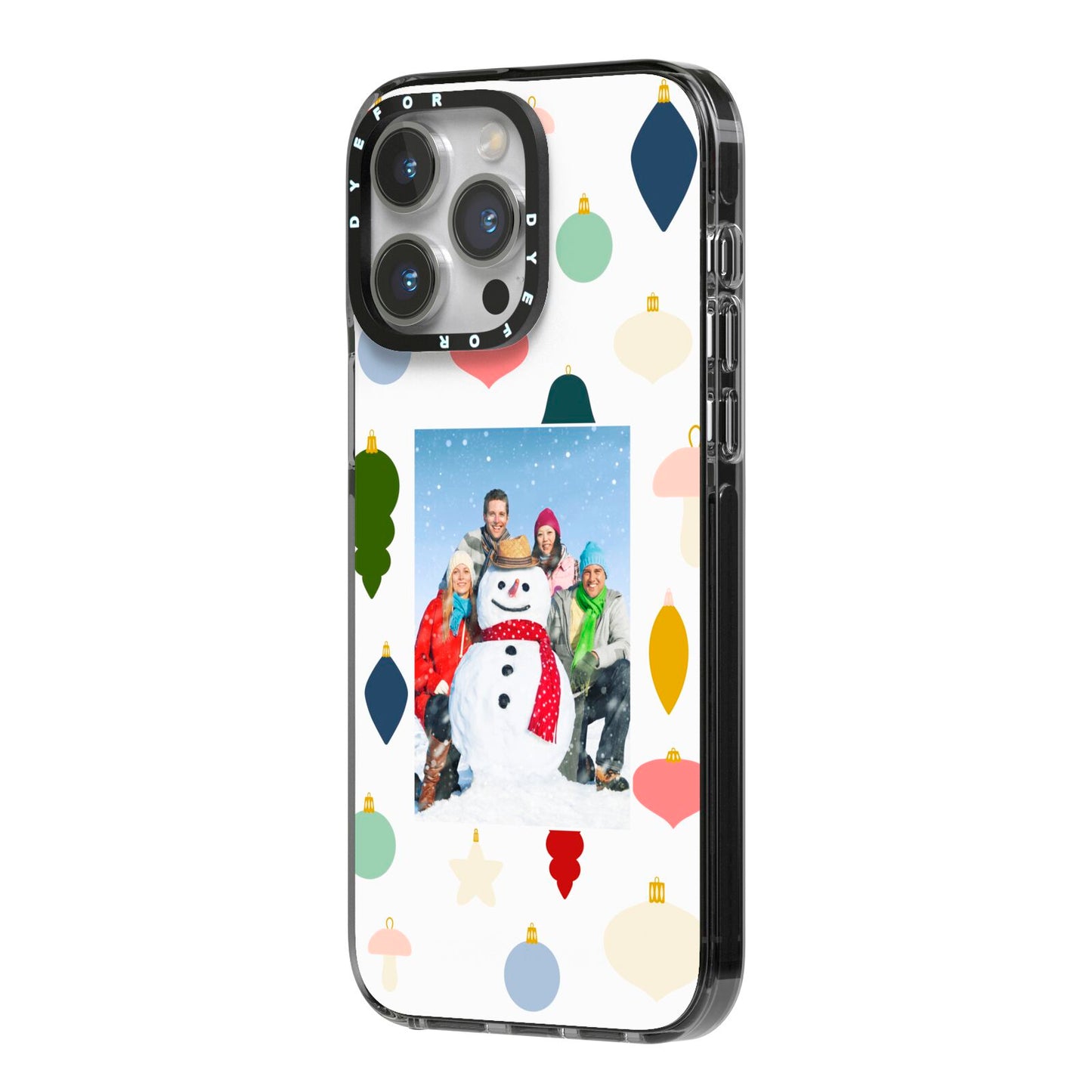 Personalised Christmas Baubles iPhone 14 Pro Max Black Impact Case Side Angle on Silver phone