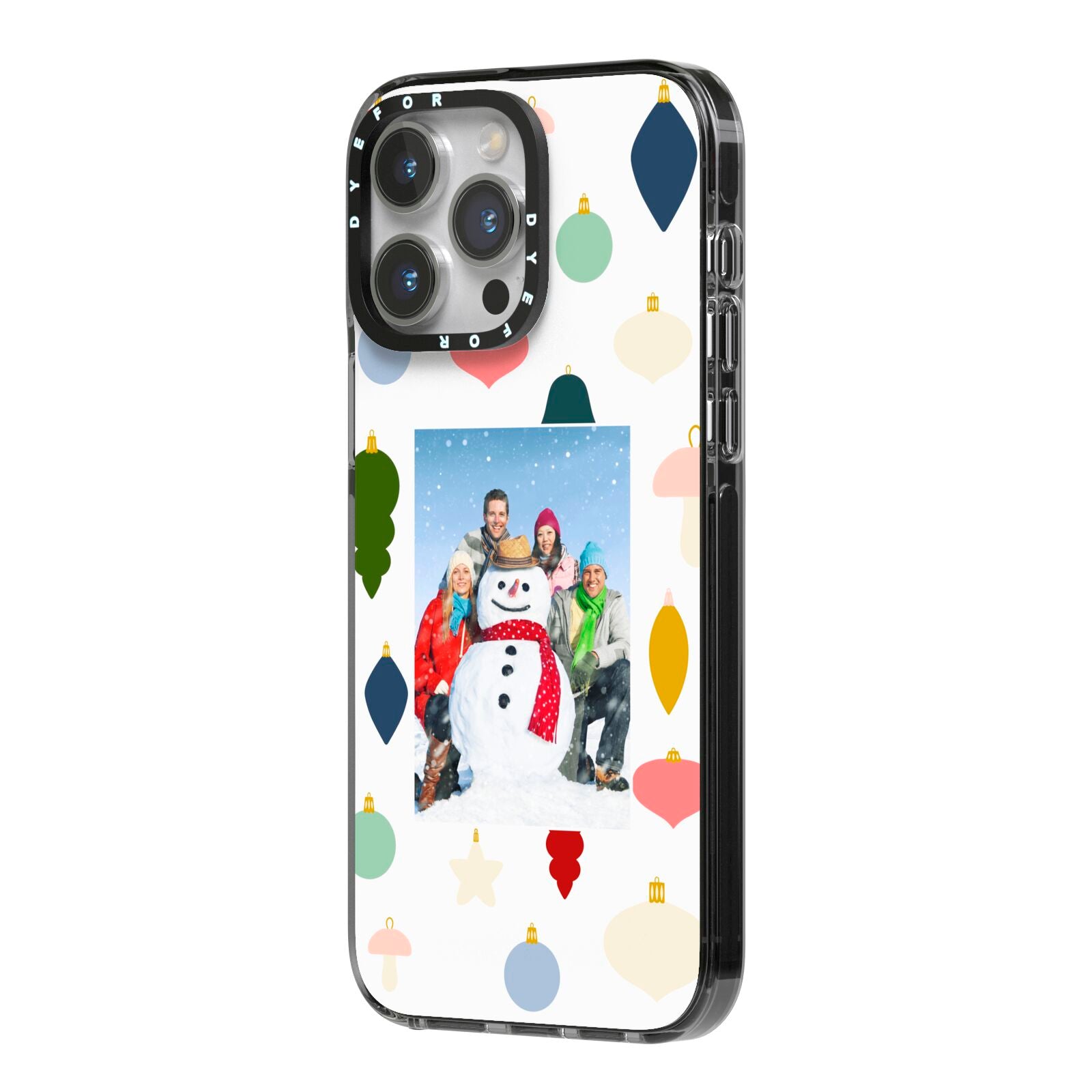 Personalised Christmas Baubles iPhone 14 Pro Max Black Impact Case Side Angle on Silver phone