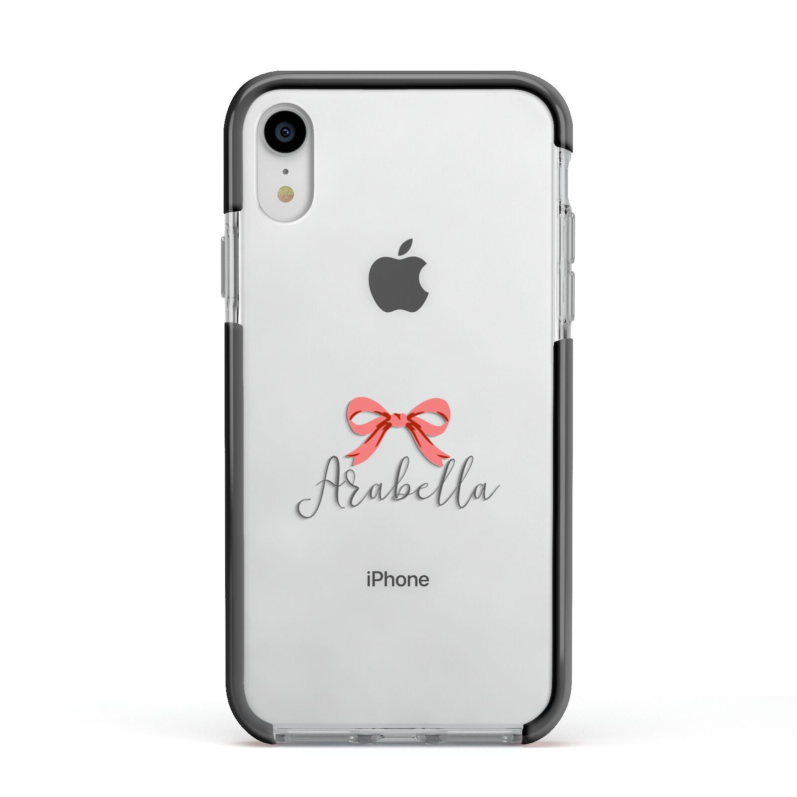 Personalised Christmas Bow Apple iPhone XR Impact Case Black Edge on Silver Phone