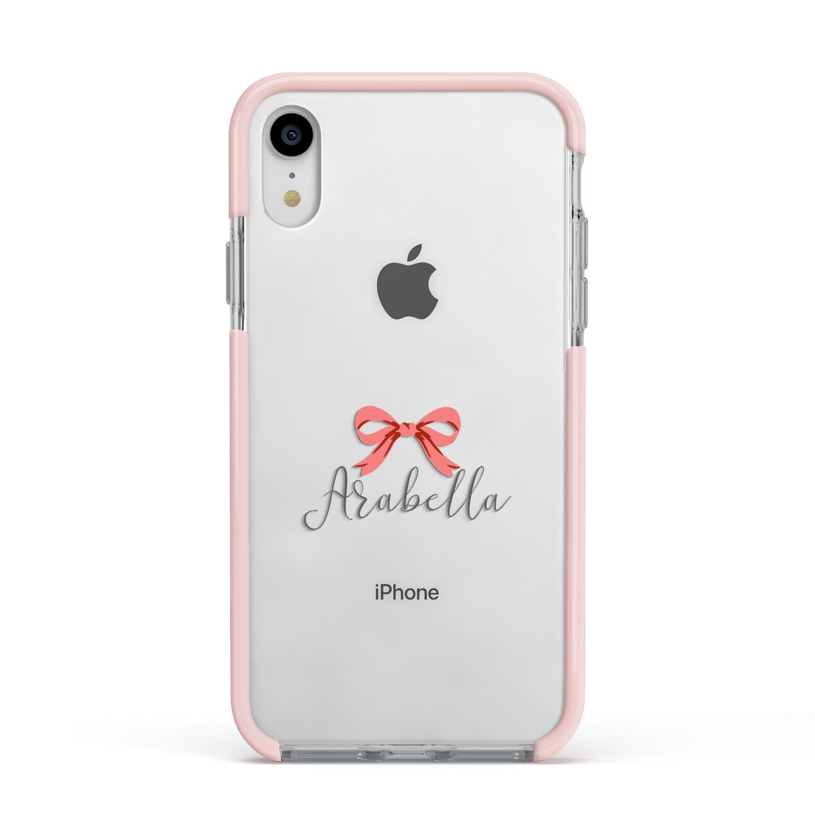 Personalised Christmas Bow Apple iPhone XR Impact Case Pink Edge on Silver Phone
