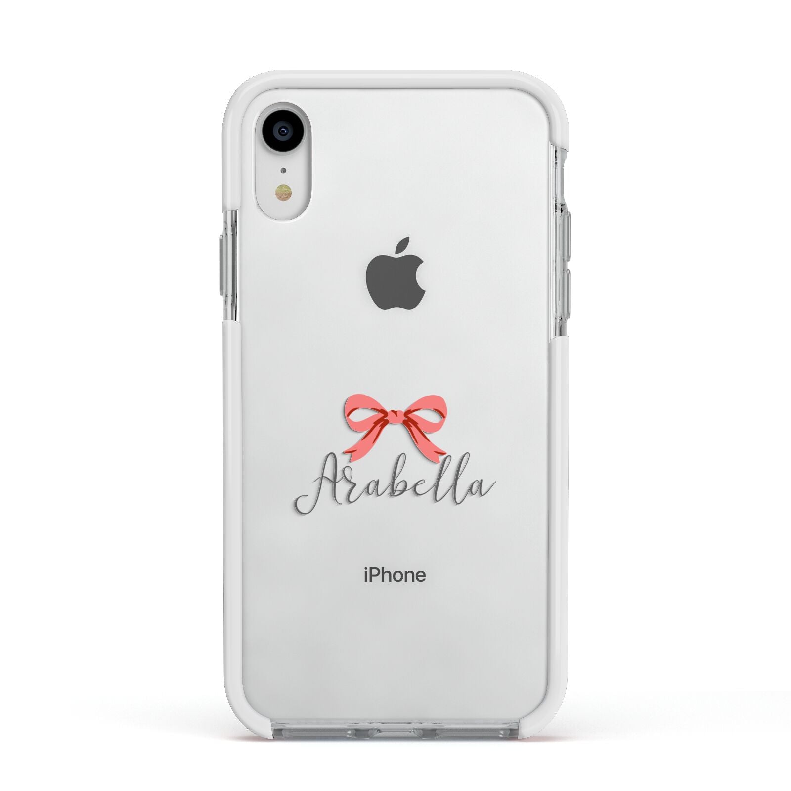 Personalised Christmas Bow Apple iPhone XR Impact Case White Edge on Silver Phone