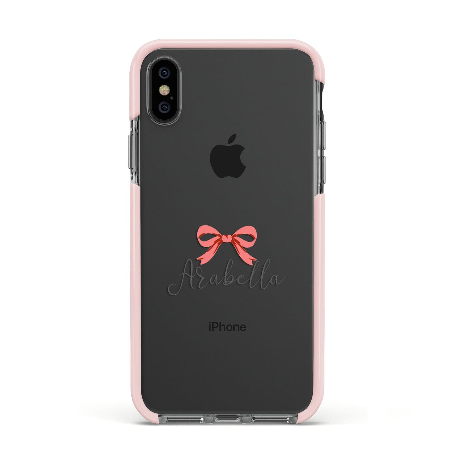 Personalised Christmas Bow Apple iPhone Xs Impact Case Pink Edge on Black Phone