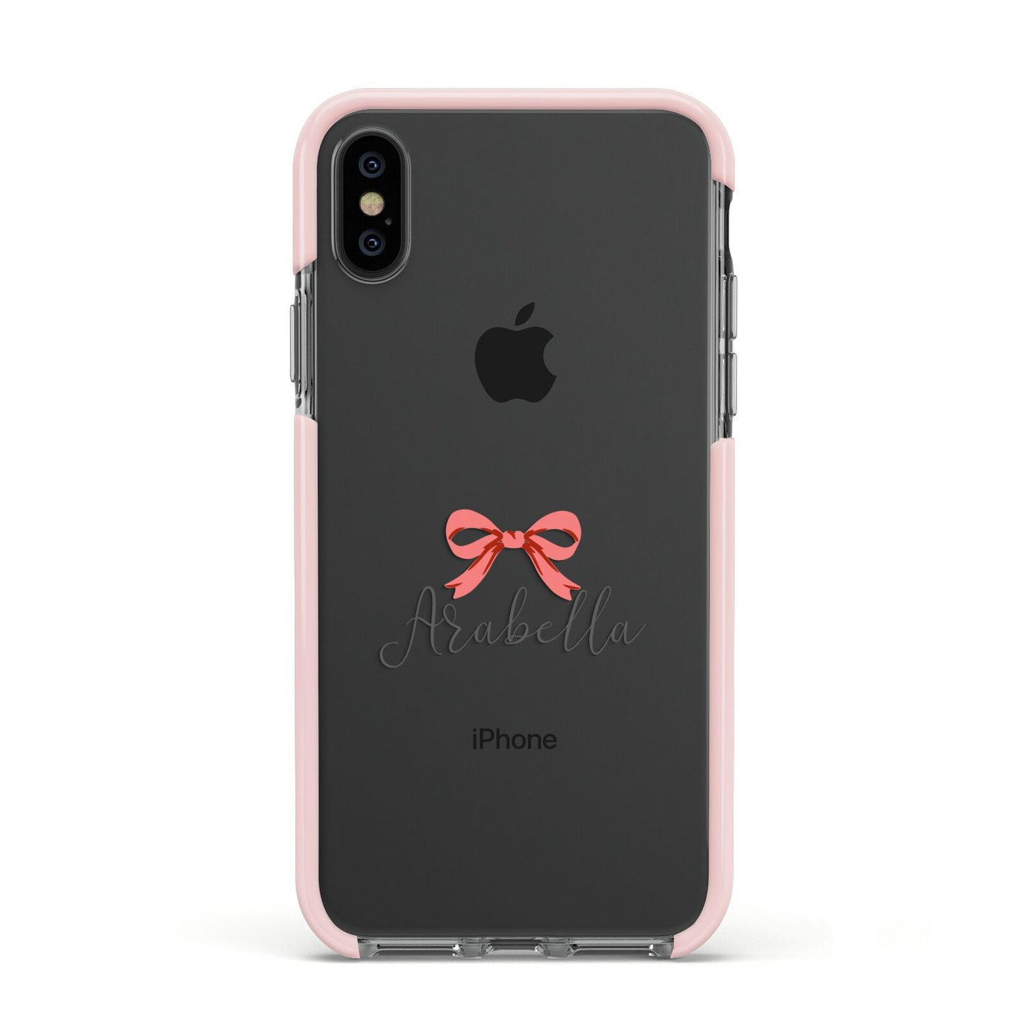 Personalised Christmas Bow Apple iPhone Xs Impact Case Pink Edge on Black Phone