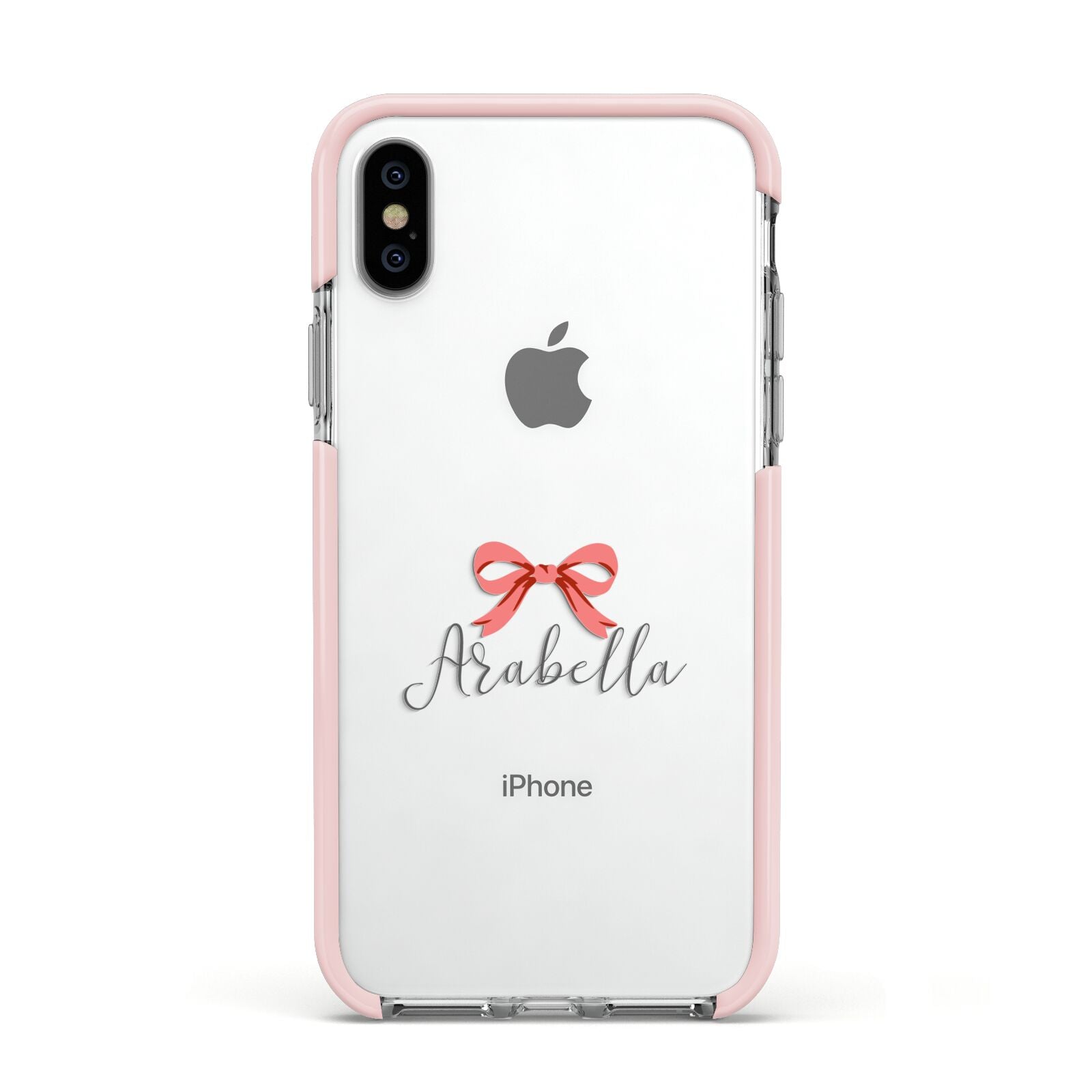 Personalised Christmas Bow Apple iPhone Xs Impact Case Pink Edge on Silver Phone
