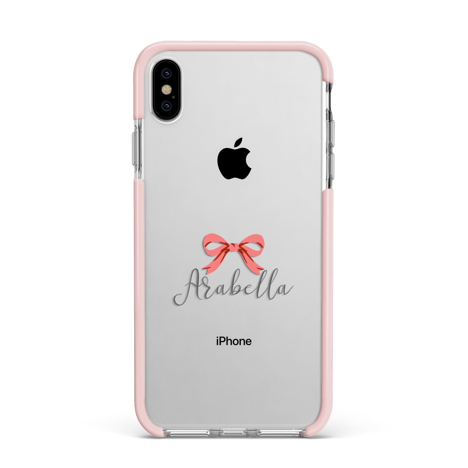Personalised Christmas Bow Apple iPhone Xs Max Impact Case Pink Edge on Silver Phone
