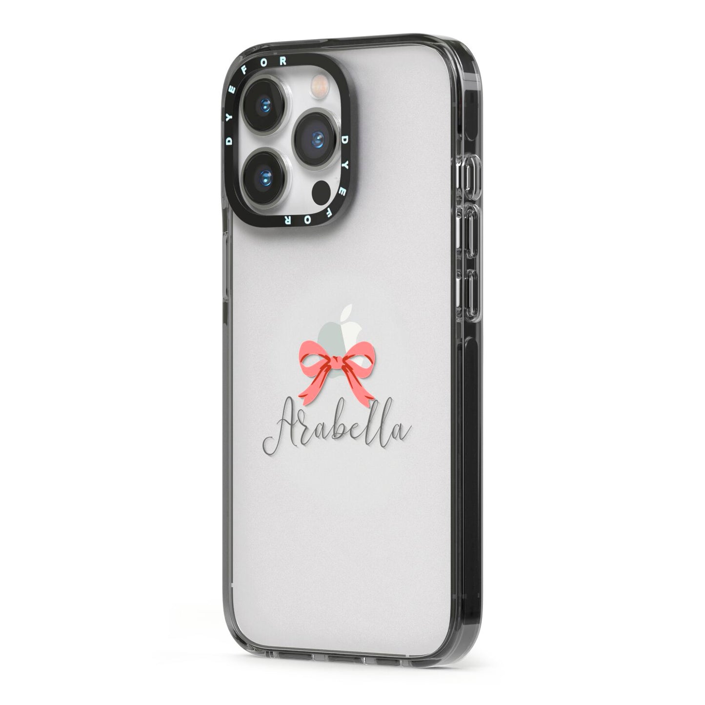 Personalised Christmas Bow iPhone 13 Pro Black Impact Case Side Angle on Silver phone