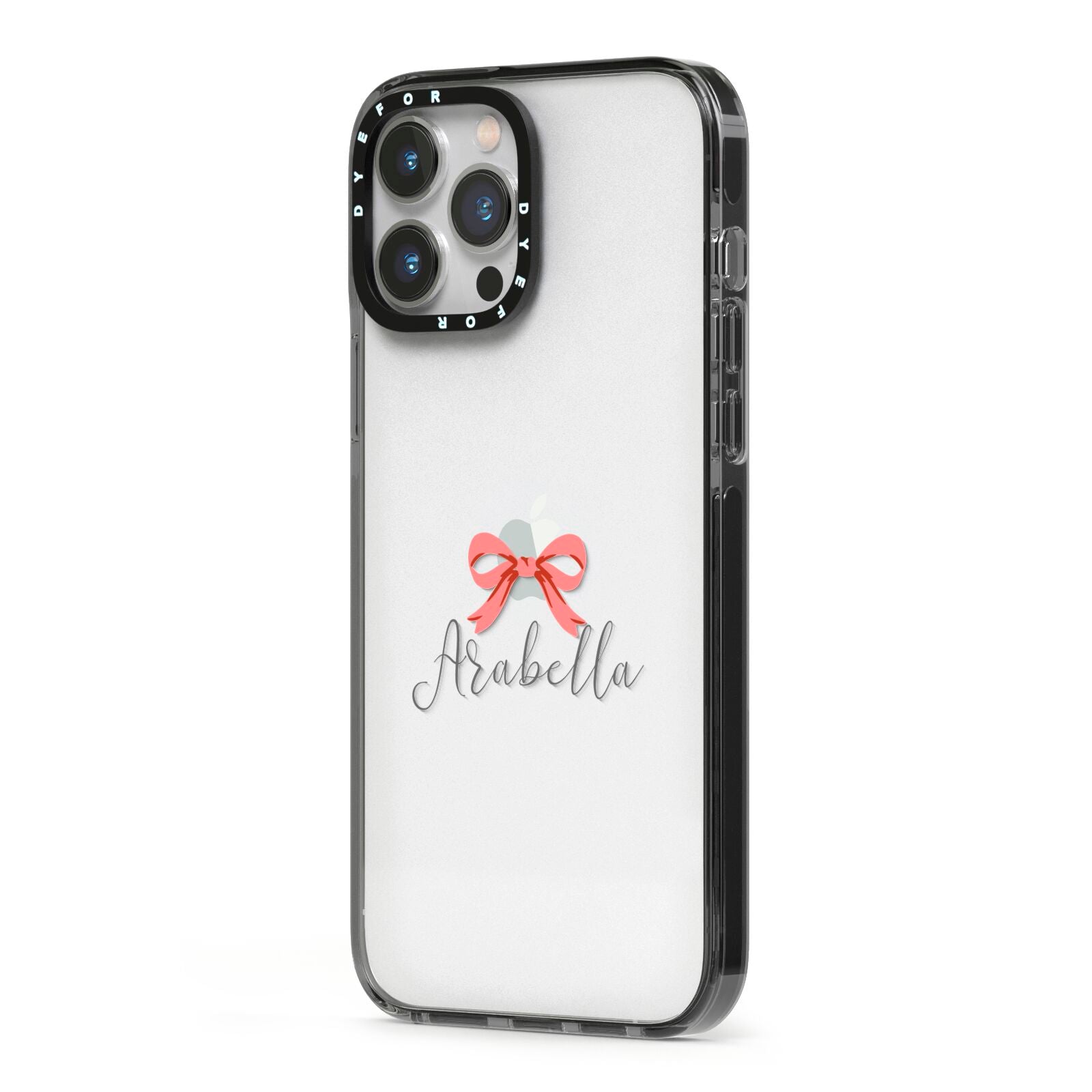 Personalised Christmas Bow iPhone 13 Pro Max Black Impact Case Side Angle on Silver phone