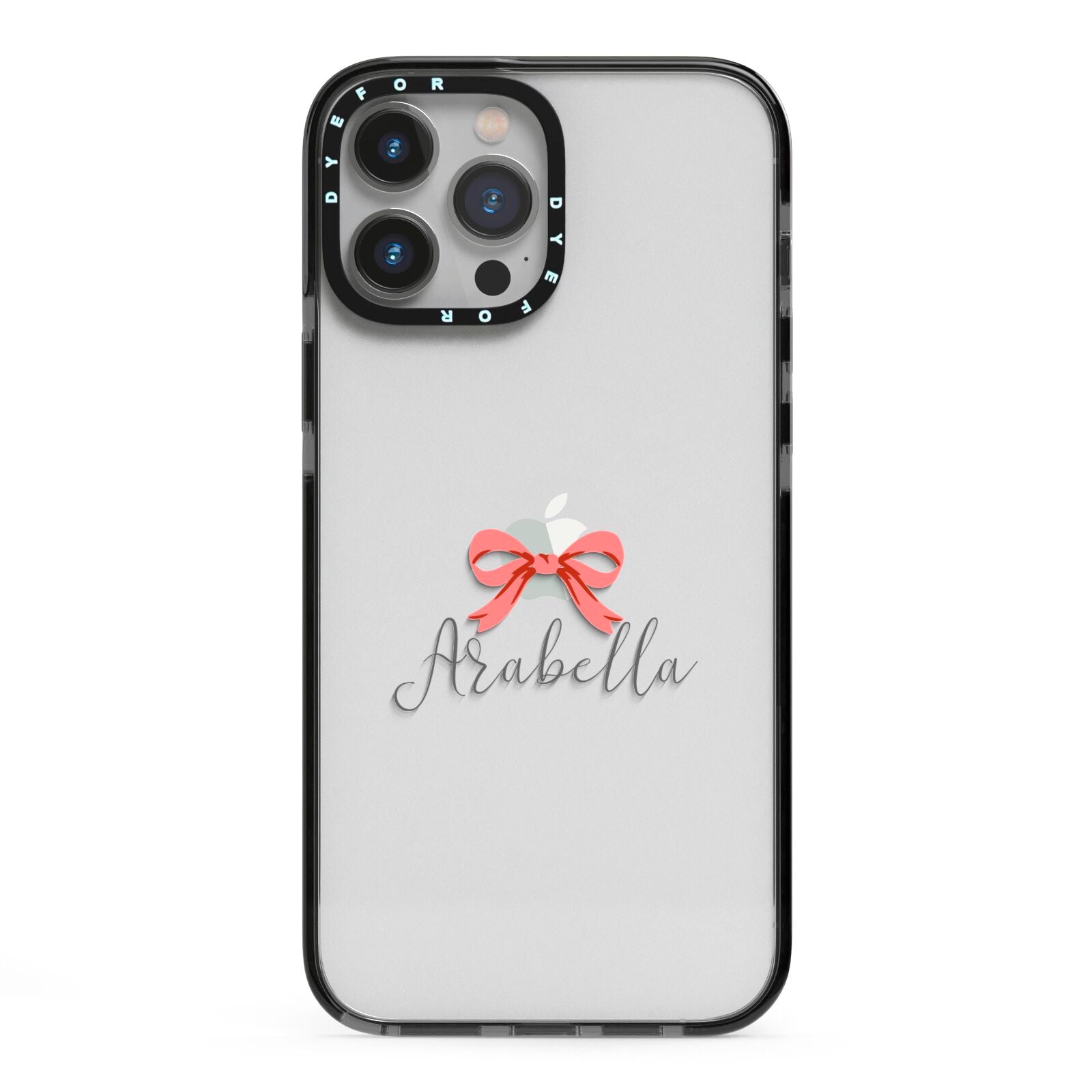 Personalised Christmas Bow iPhone 13 Pro Max Black Impact Case on Silver phone