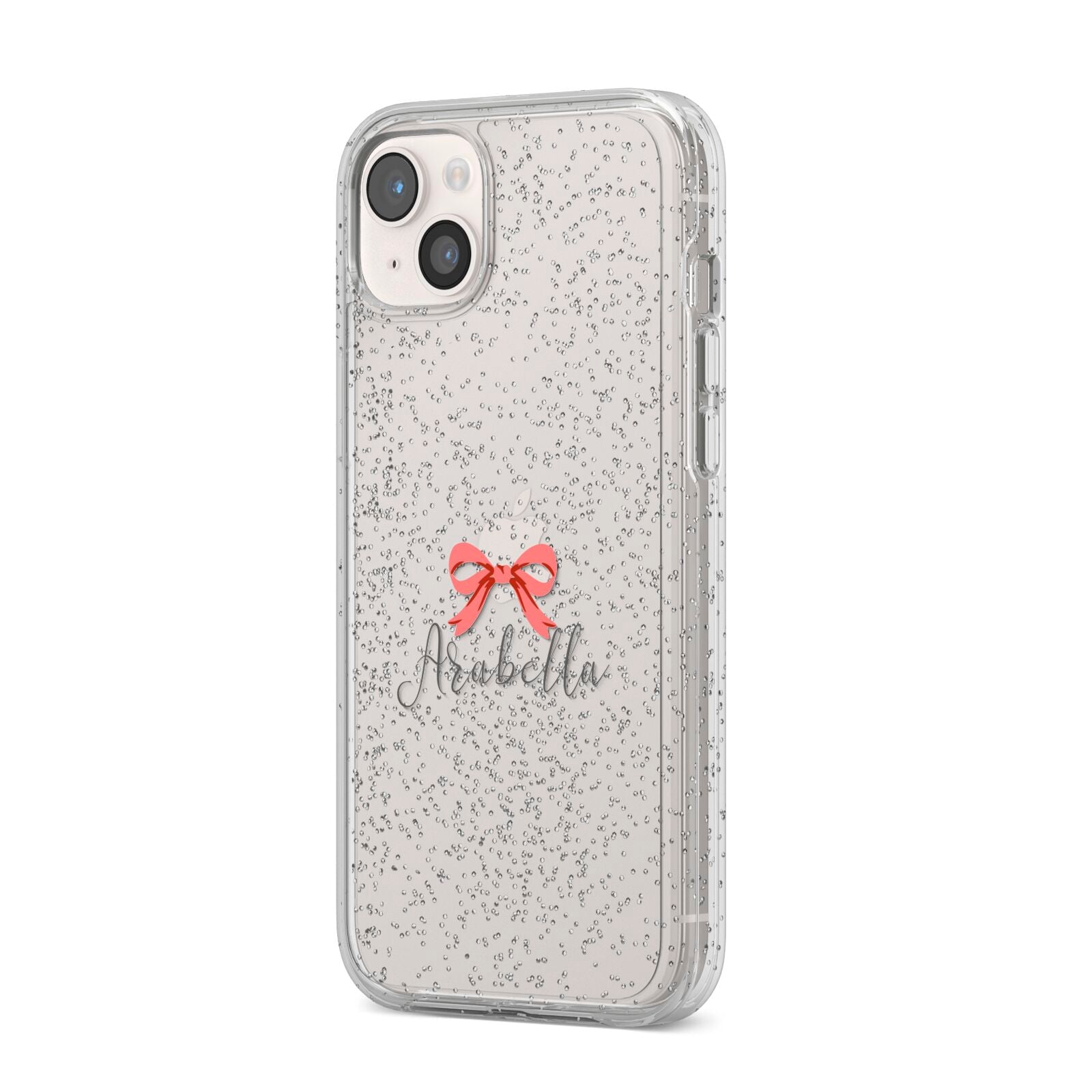 Personalised Christmas Bow iPhone 14 Plus Glitter Tough Case Starlight Angled Image