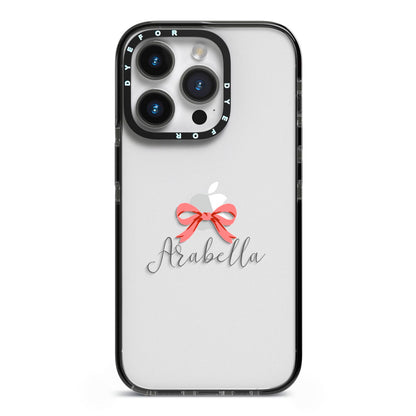Personalised Christmas Bow iPhone 14 Pro Black Impact Case on Silver phone