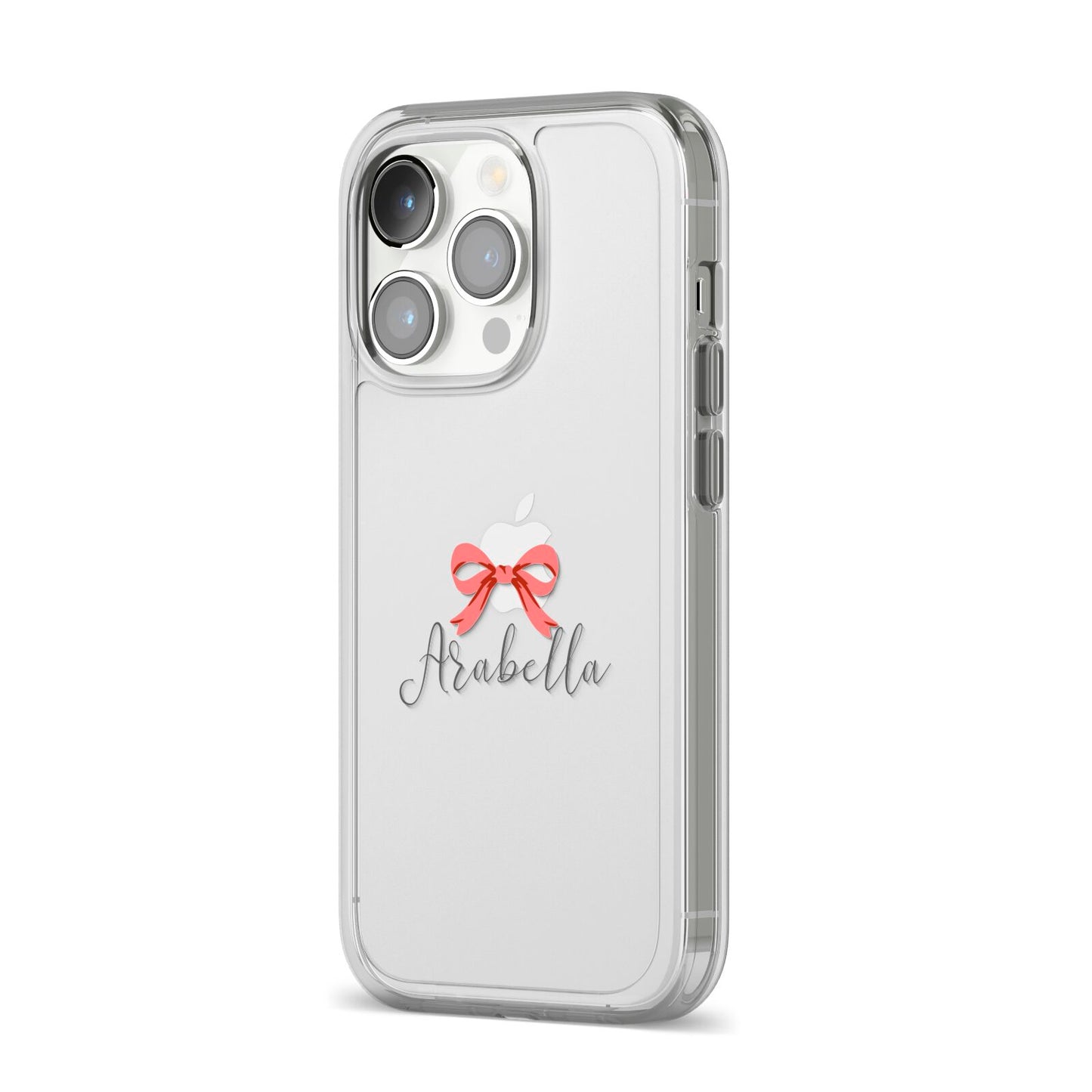 Personalised Christmas Bow iPhone 14 Pro Clear Tough Case Silver Angled Image