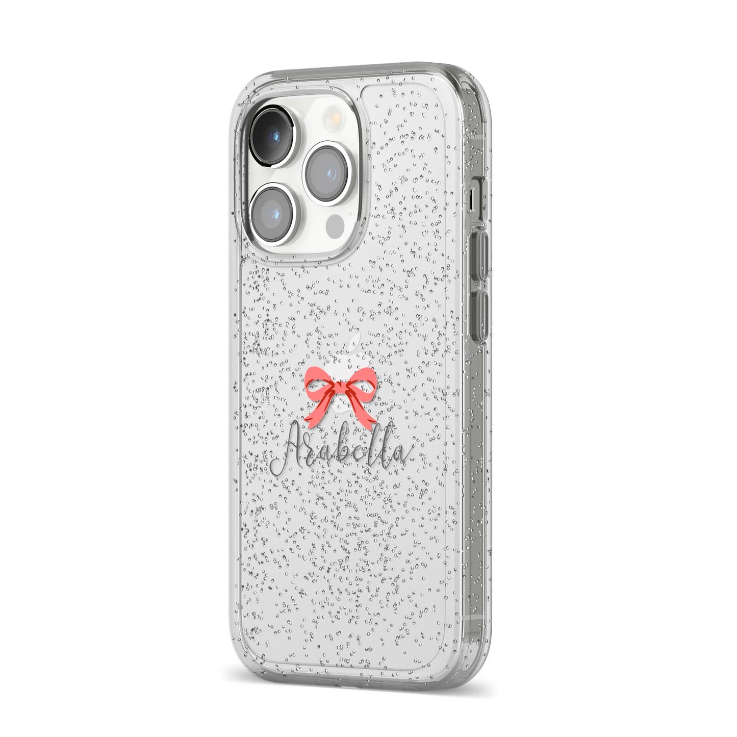 Personalised Christmas Bow iPhone 14 Pro Glitter Tough Case Silver Angled Image
