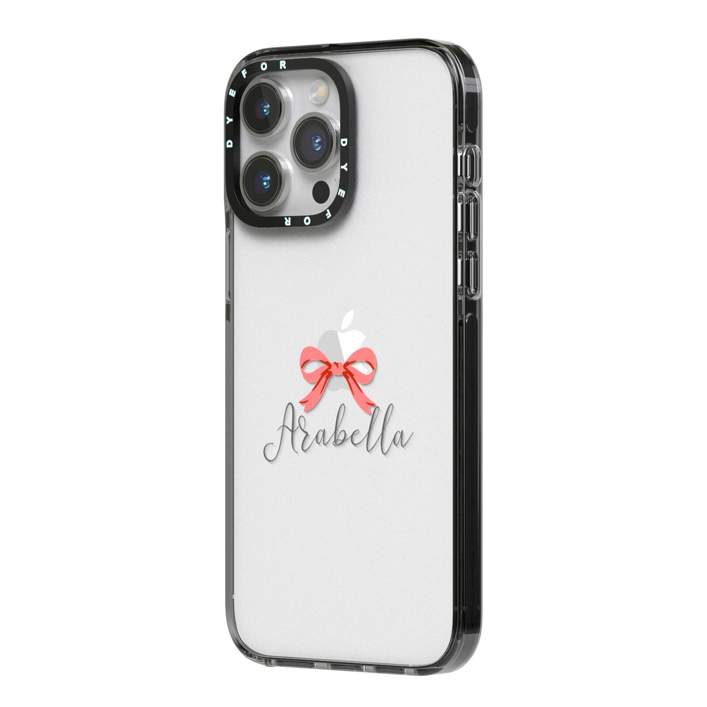 Personalised Christmas Bow iPhone 14 Pro Max Black Impact Case Side Angle on Silver phone