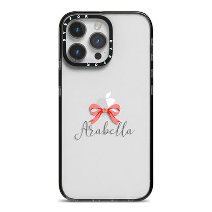 Personalised Christmas Bow iPhone 14 Pro Max Black Impact Case on Silver phone