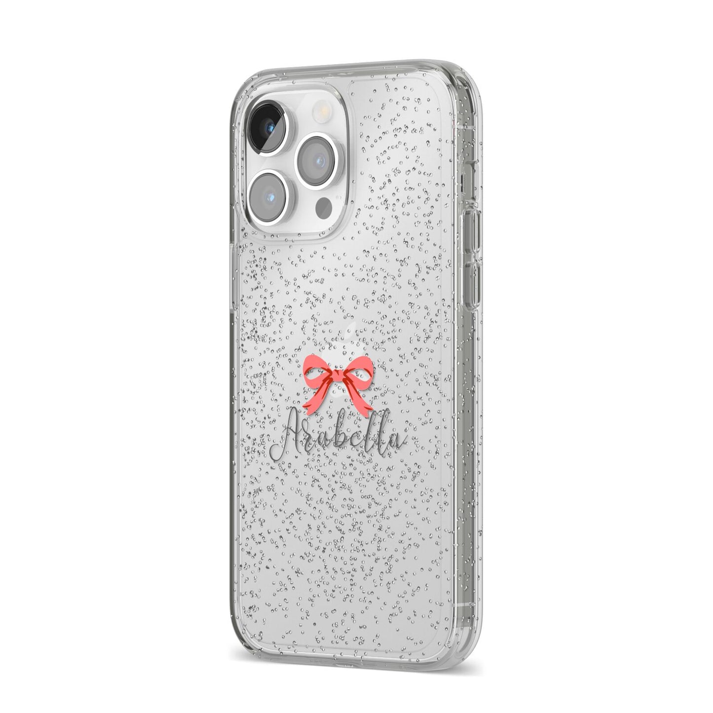 Personalised Christmas Bow iPhone 14 Pro Max Glitter Tough Case Silver Angled Image